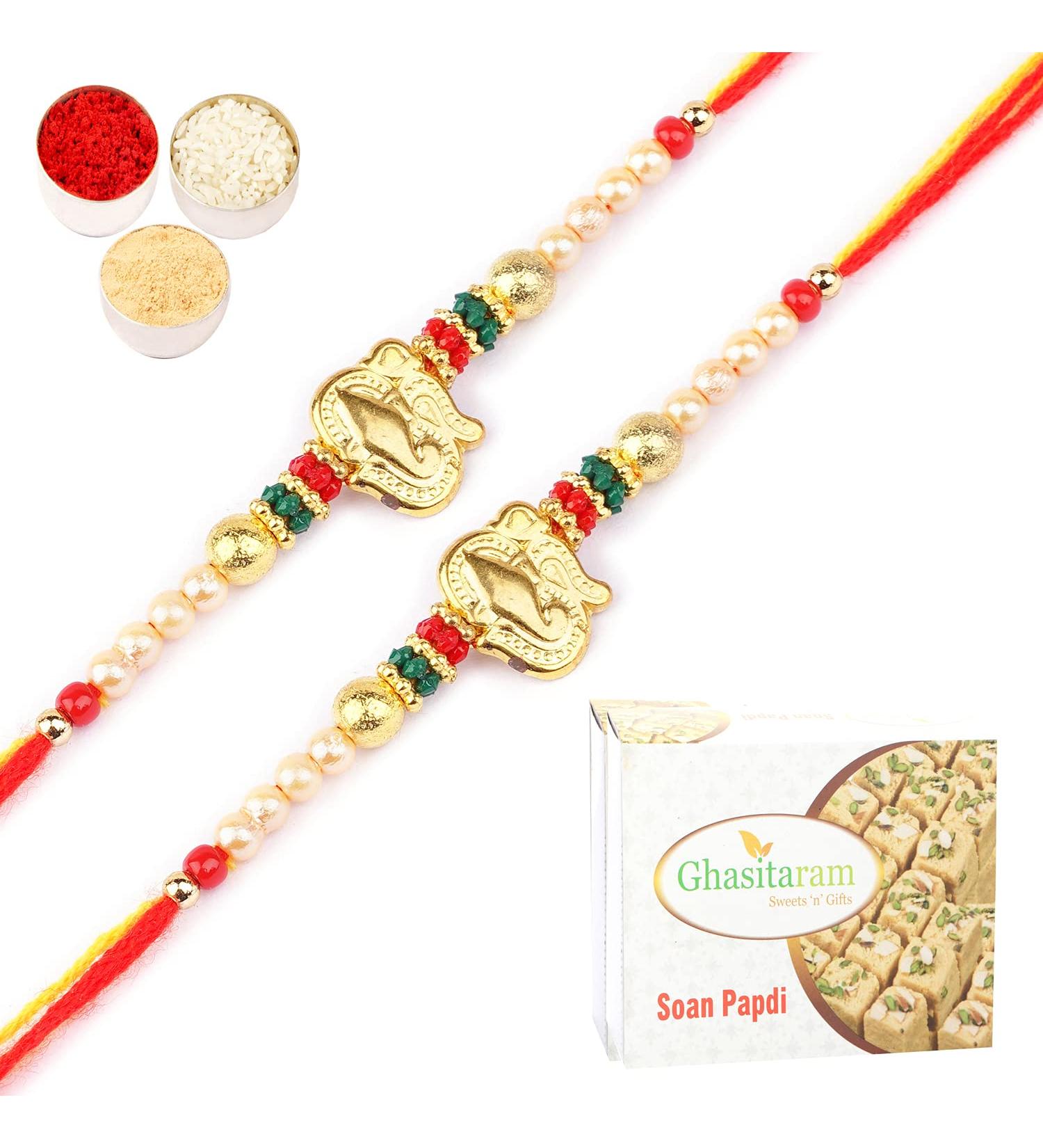 Ghasitaram Gifts Rakhi for Brother Rakhis Online - Set of 2 - R-2110 Rakhi Thread with 400 GMS of Soan Papdi Set of 2 Rakhis with 400 gms of Soan Papdi - Buy Online on GoSupps.com