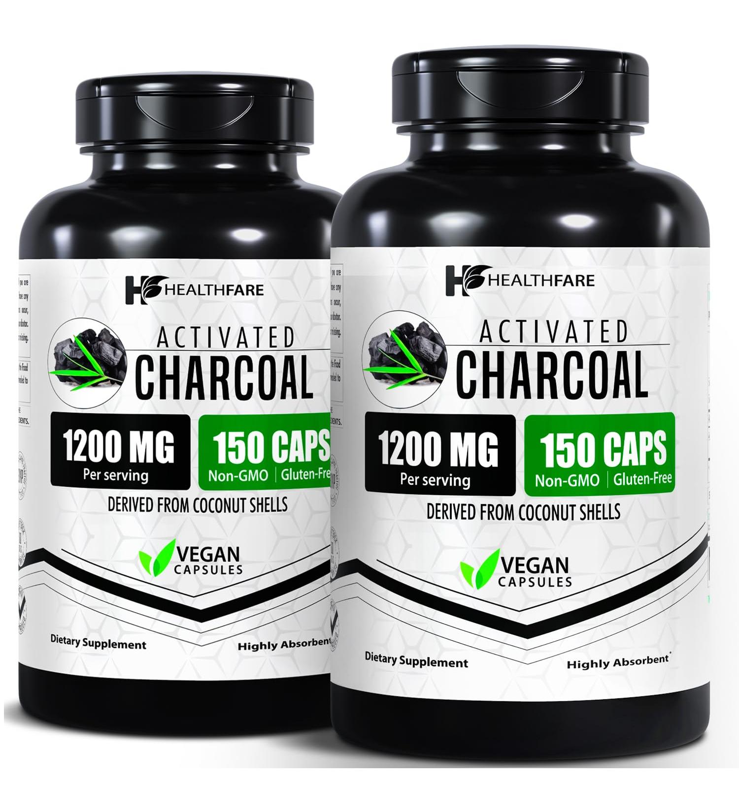 HealthFare Activated Charcoal Pills 1200mg | 150 Vegan Capsules | 2 Bottles | Organic Coconut-Sourced | Detox & Digestive Balance | Non-GMO Gluten-Free | Made in USA - Buy Online on GoSupps.com