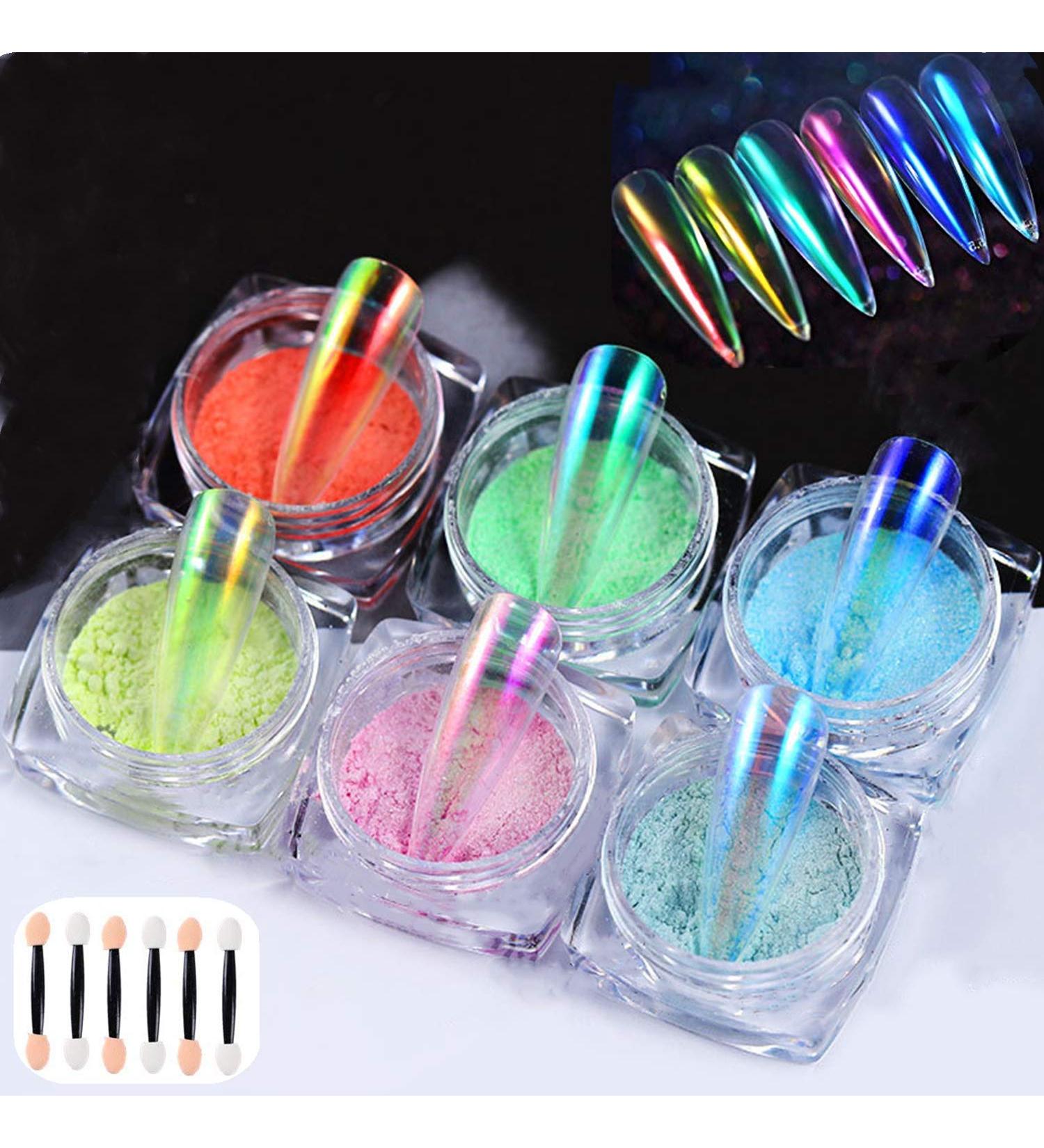 Mermaid Chrome Nail Powder - 6 Colors Mirror Effect Pigment with Eyeshadow Sticks - Buy Online on GoSupps.com