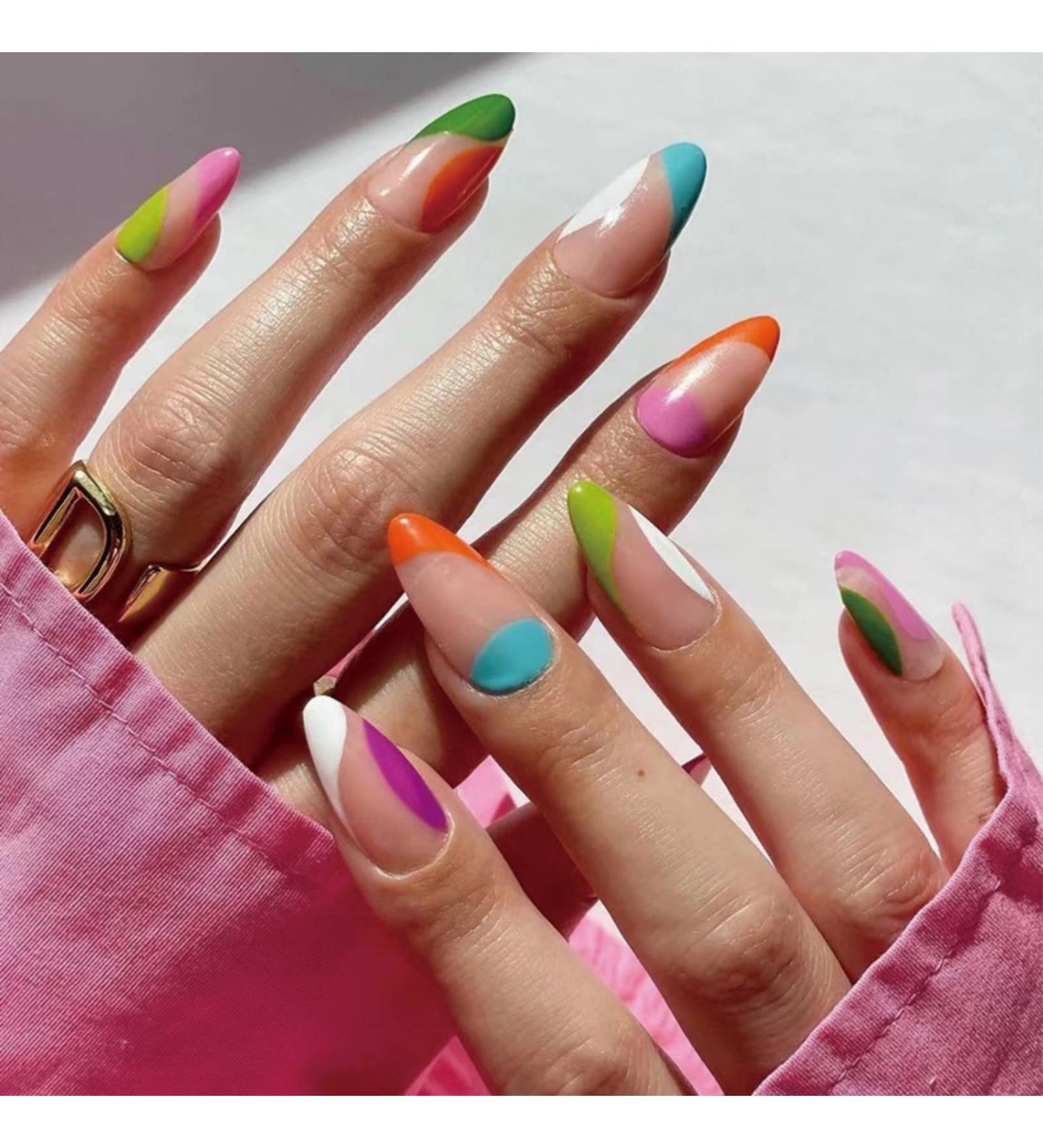 Justotry 24 Pcs Iridescent Oval False Nails Short | Colourful French Press on Nails | Rainbow Nails with Nail Glue | Almond Stick on Nails for Women - Buy Online on GoSupps.com