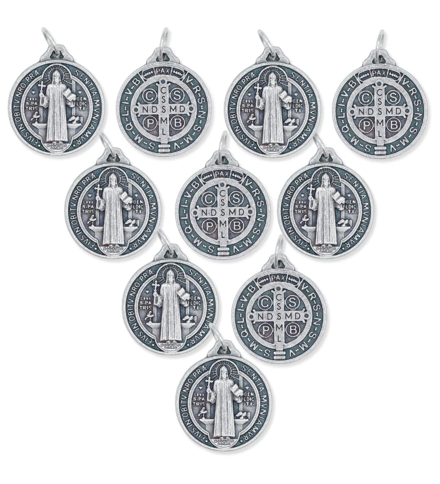 St. Benedict Medal Pendant Pack of 10 - 3/4 Inch Round Silver Oxidized Medals - Catholic Jewelry, Made in Italy - Buy Online on GoSupps.com