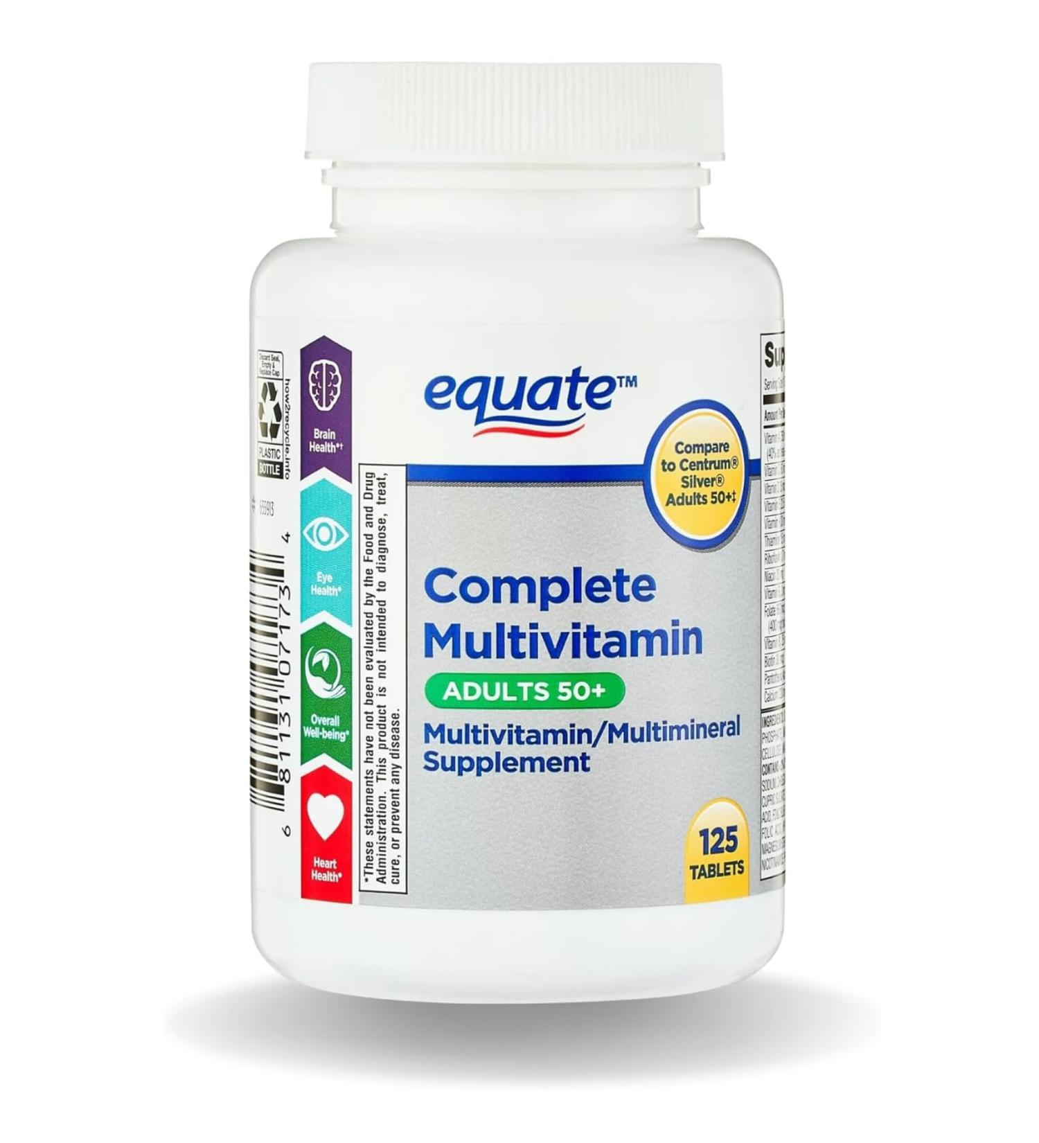 Equate Adult 50+ One Daily Complete Multivitamin Multimineral Supplement Tablets Healthy Brain* - Compare to Centrum Silver 125 Pills (Pack of 1) - Buy Online on GoSupps.com