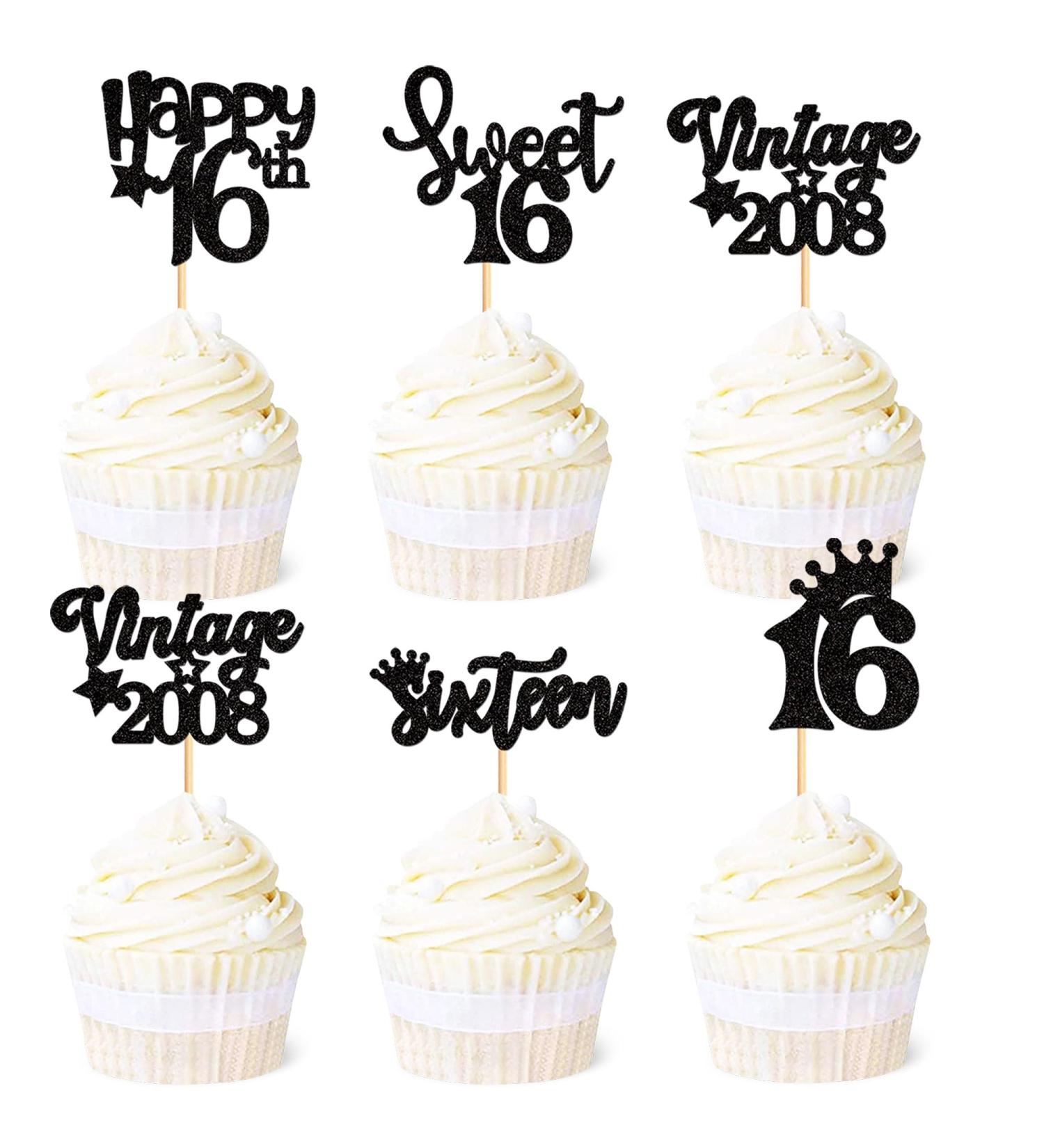 Ercadio 30 Pack Sweet 16 Cupcake Toppers Black Glitter Vintage 2008 Cupcake Picks Happy 16th Sixteen Happy Birthday Cupcake Toppers for 16th Birthday Party Cake Decoration Supplies A-vintage Black - Buy Online on GoSupps.com