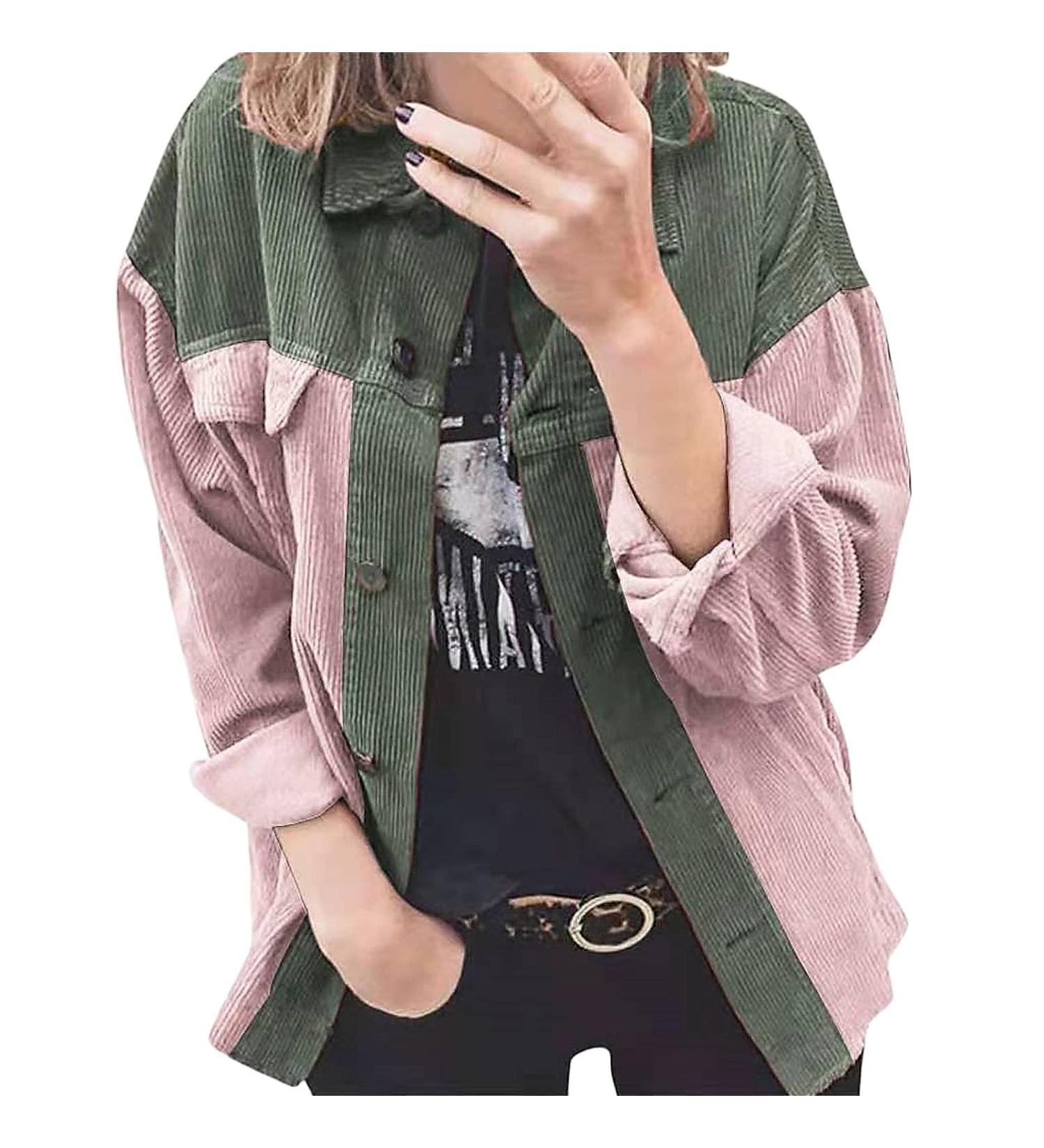 Women Corduroy Button Down Jacket Casual Boyfriend Long Sleeve Lapel Coat Oversized Contrast Color Blouses Tops Color 2 Large
