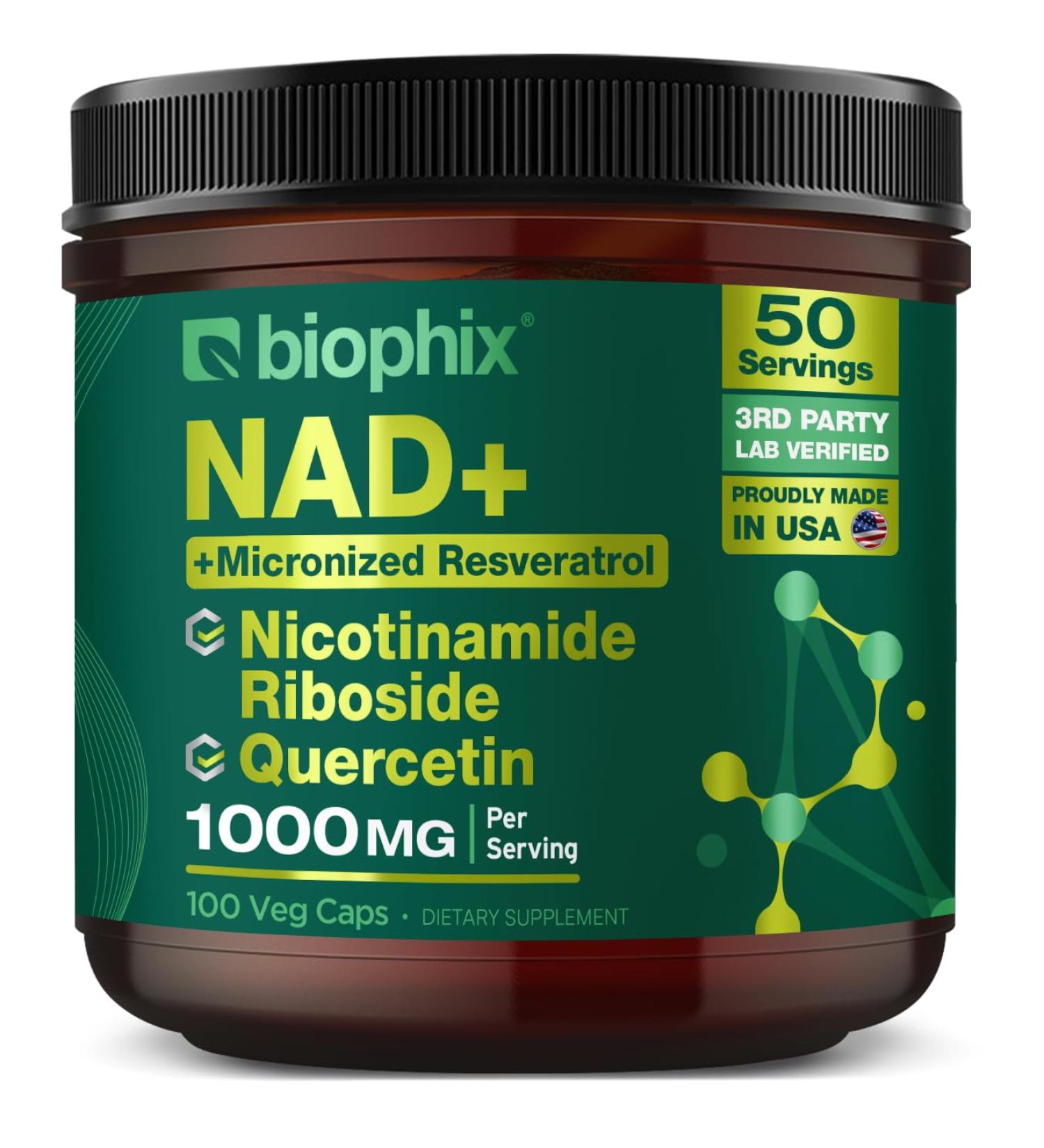 biophix NAD+ Liposomal Supplement for Women & Men - 1000 mg per Serving - Nicotinamide Riboside Micronized Resveratrol & Quercetin Complex - 100 Veg Capsules - Non-GMO Gluten-Free cGMP Certified - Buy Online on GoSupps.com