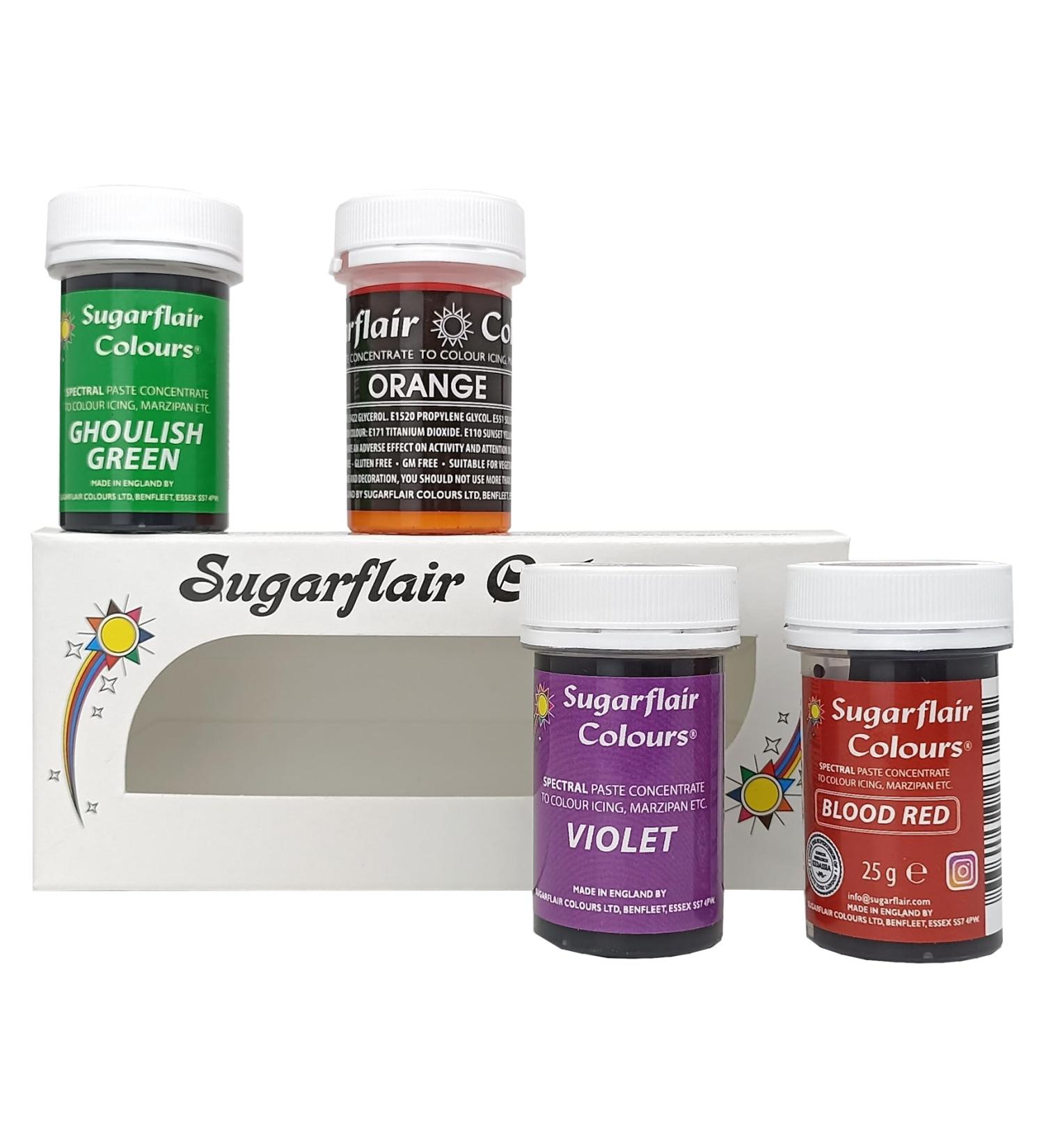 Sugarflair Halloween Paste Colour Set - Highly Concentrated for Use With All Food Colouring - 4 x 25g Pots - Blood Red Ghoulish Green Orange & Violet 25.00 g (Pack of 4)