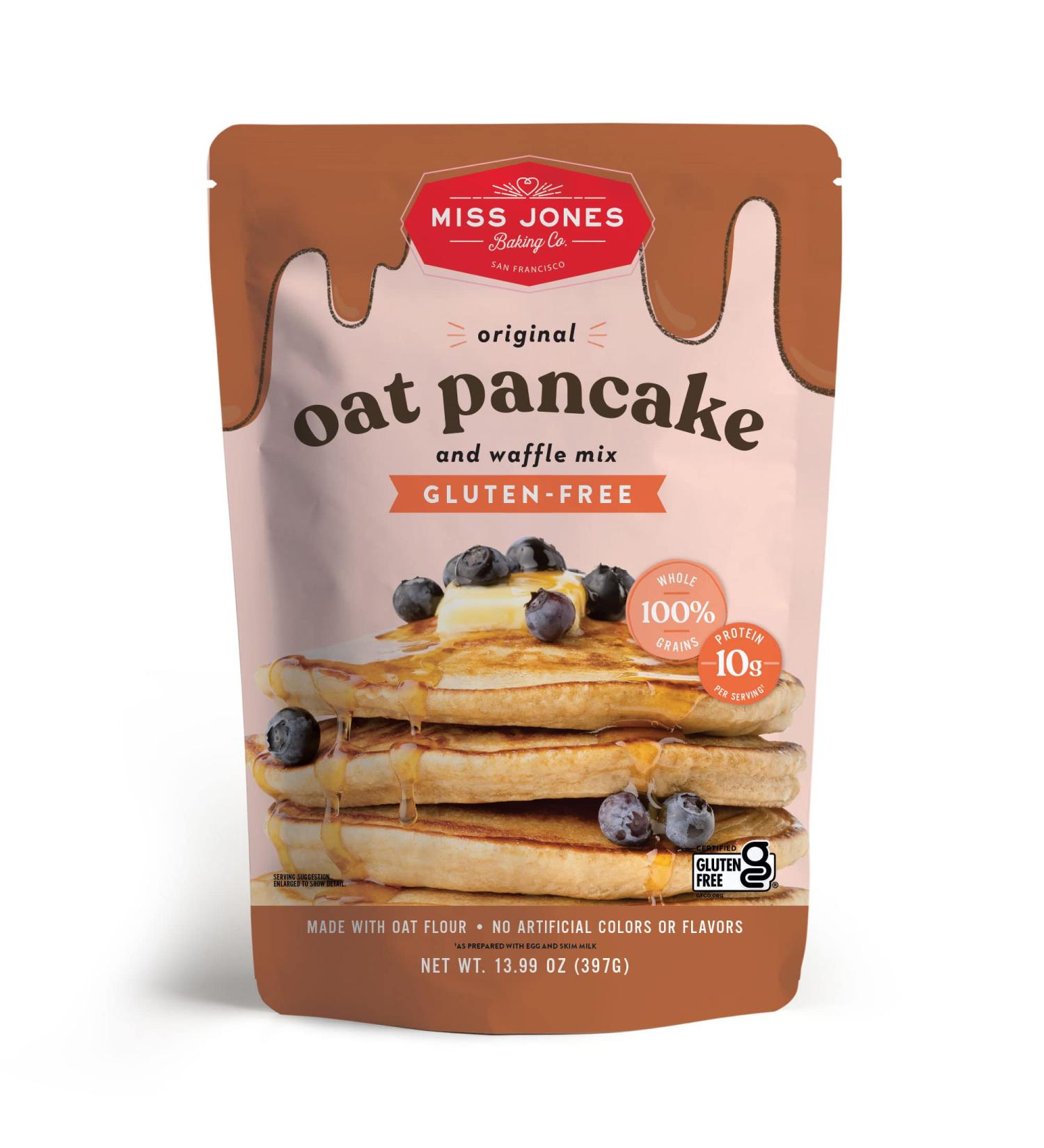 Miss Jones Baking Original Oat Pancake and Waffle Mix - Gluten Free - 10g Protein - 100% Whole Grains - 13.99oz - Buy Online on GoSupps.com