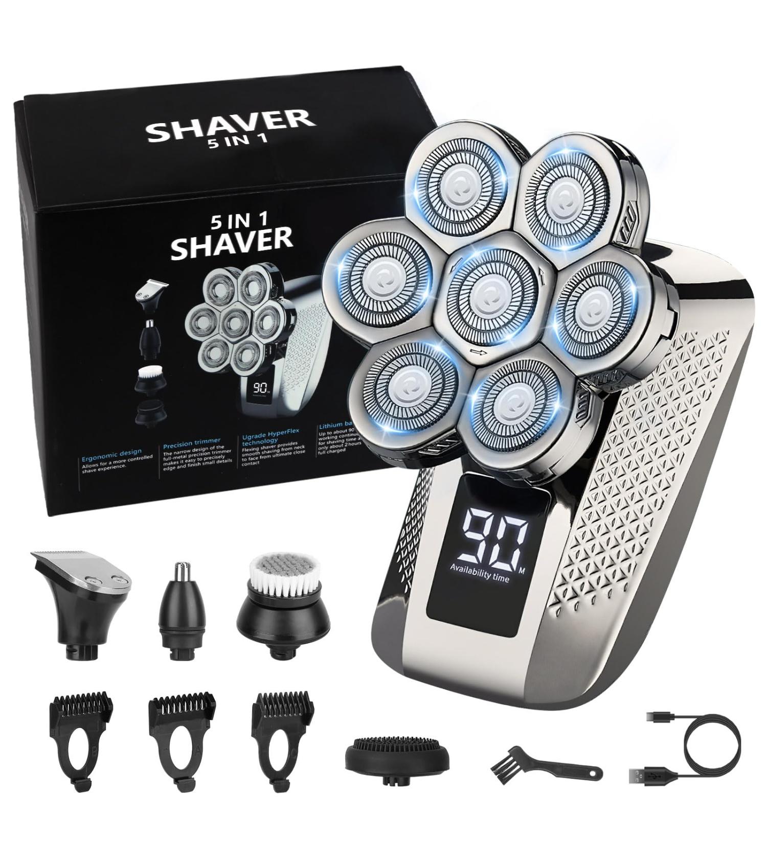 5-in-1 Electric Head Shaver for Bald Men - IPX6 Waterproof Rotary Grooming Kit with LED Display & USB Charging - Buy Online on GoSupps.com