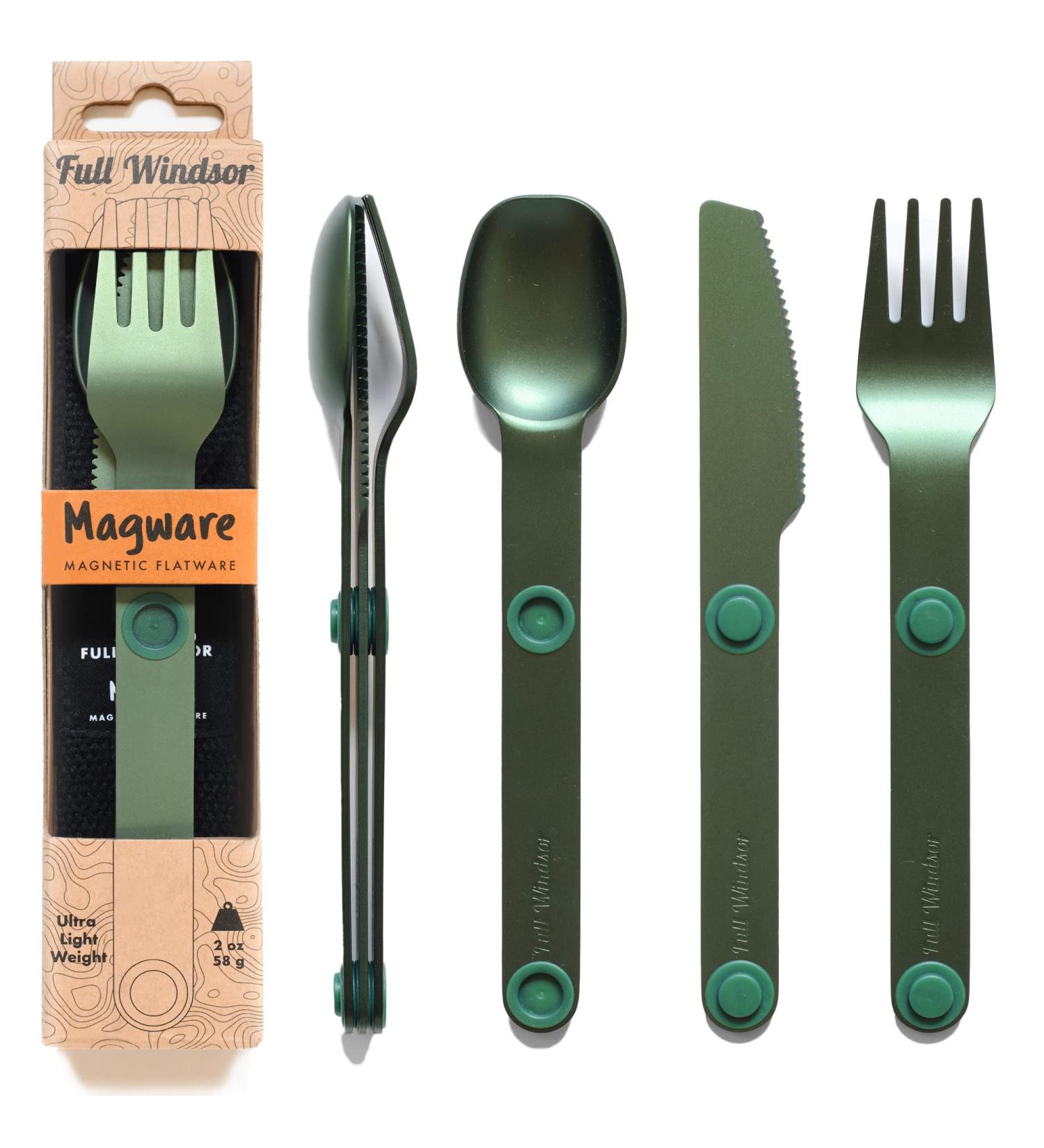 MAGWARE Magnetic Camping Utensils Set - Portable Metal Travel Flatware with Case | Camping Cutlery Set with Knife, Fork & Spoon | Reusable Utensils for Camping, Picnic, Office & Kid's Lunchbox - Green - Buy Online on GoSupps.com