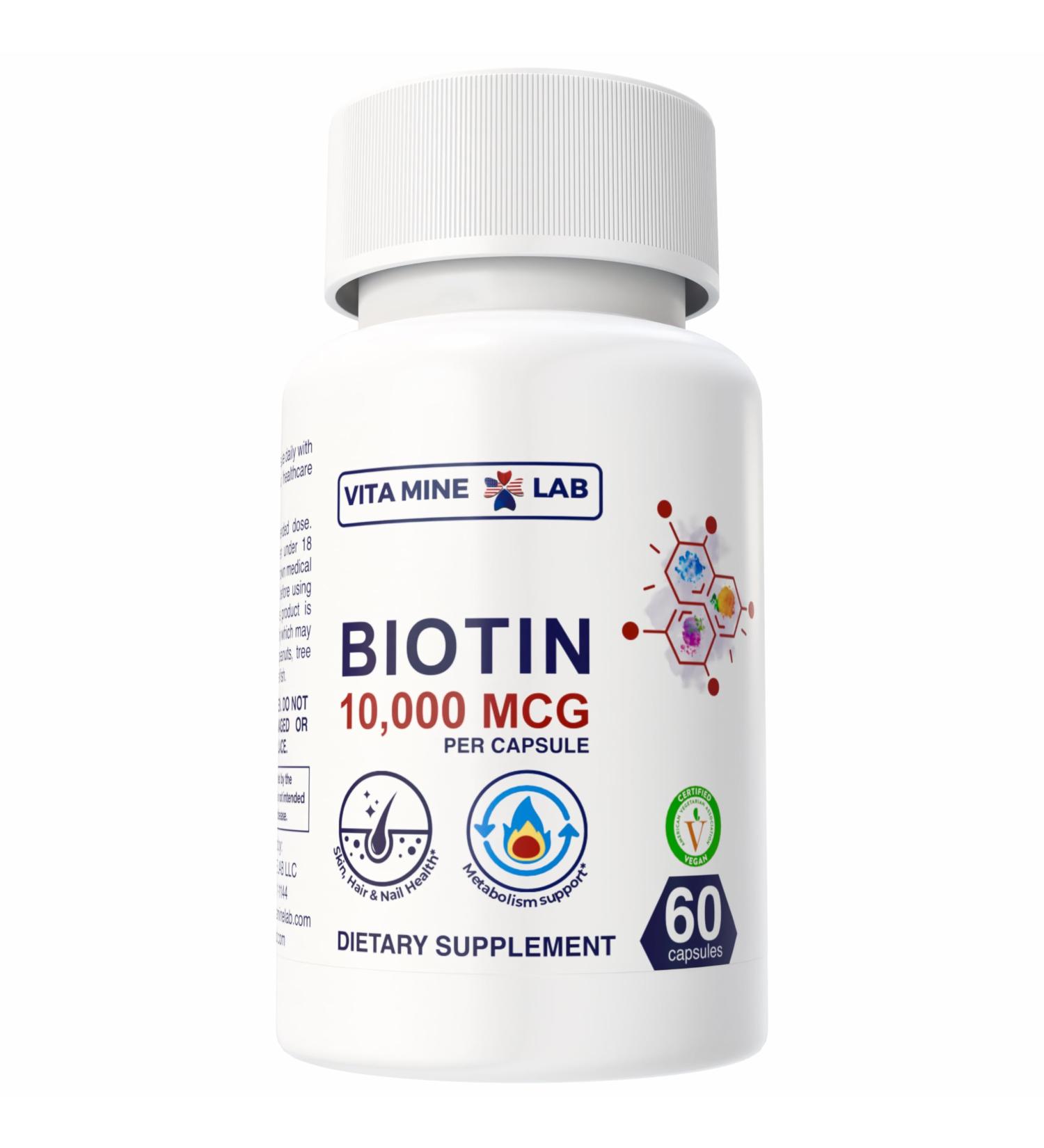 VITA MINE LAB Biotin 10 000 mcg - Supports Healthy Hair Skin & Nails Gluten-Free Halal Vegan Made in USA 60 Capsules