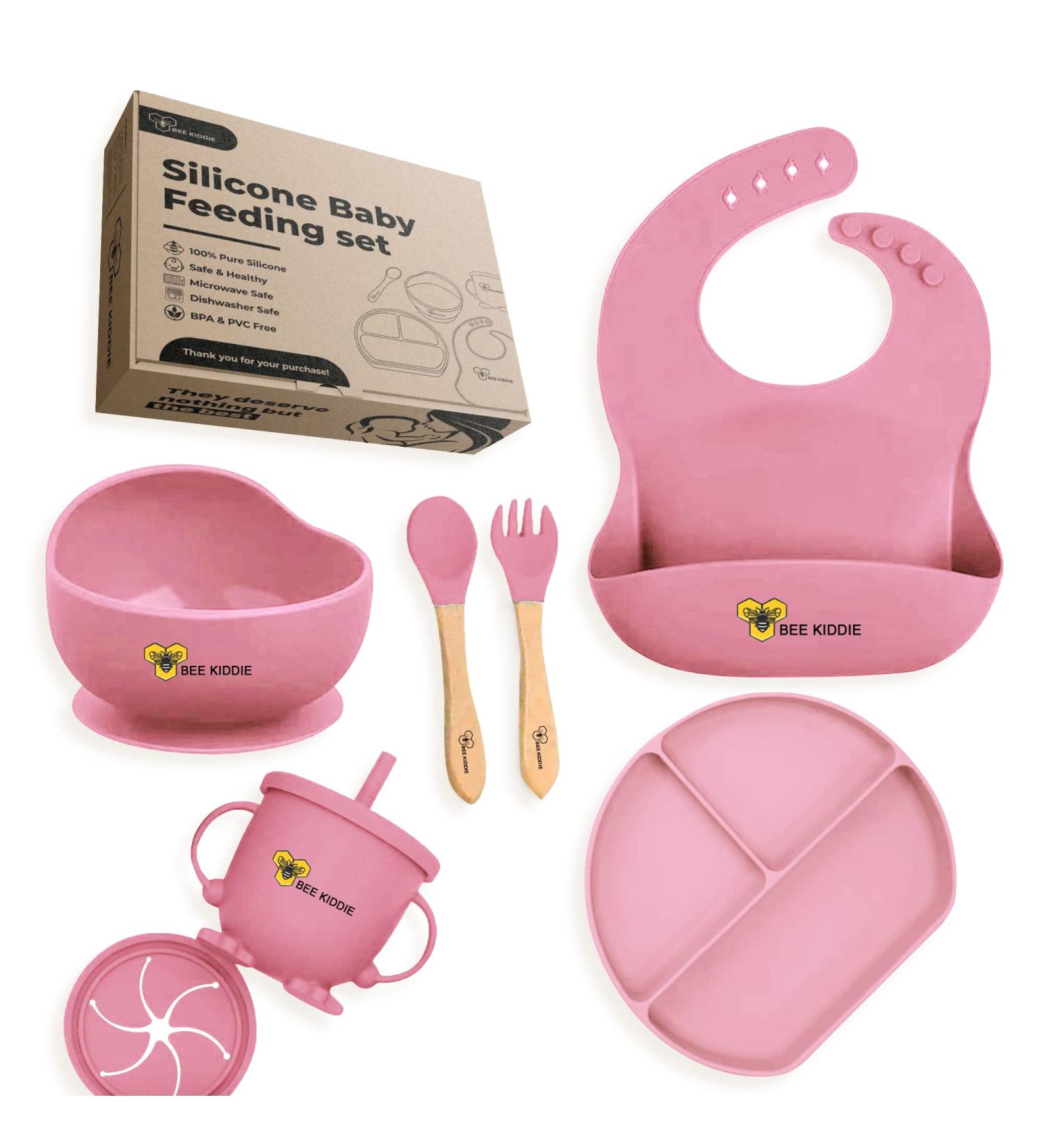 Eco-Friendly BPA-Free Baby Feeding Set | 7pcs Silicone Suction Bowl, Plate, Cup, Bib, Spoon, Fork | Toddler Gift Set | Adjustable Bib | 2X Cup Lids | Wooden Handle | Pink - Buy Online on GoSupps.com