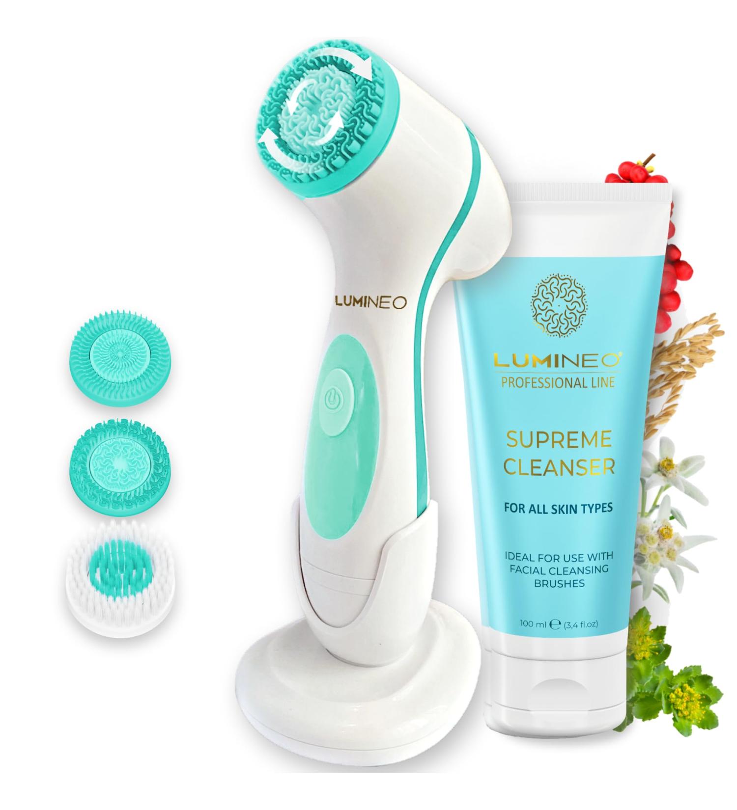 Lumineo Electric Facial Cleansing Brush with 3 Silicone Heads & Cleansing Gel - Turquoise | Removes Blackheads, Peels & Cleans Pores | USB Rechargeable | For All Skin Types - Buy Online on GoSupps.com