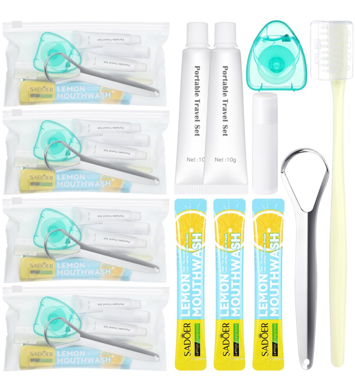 4 Set Travel Dental Care Kit | Toothbrush Toothpaste Mouthwash Floss & More | Reusable PVC Bag | Oral Hygiene Set for Adults & Hotel Guests - Buy Online on GoSupps.com