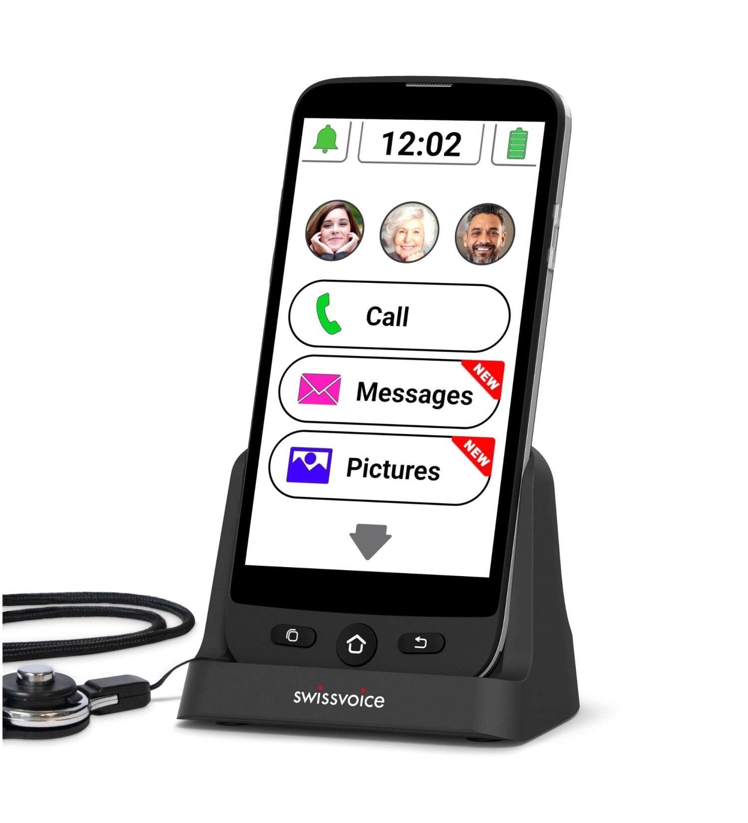 SWISSVOICE S510-C Senior Mobile Phone with Lanyard & Charging Dock - Big Buttons, Unlocked & SOS Button - Ideal Smartphone for Elderly - S510-M + Dock - Buy Online on GoSupps.com