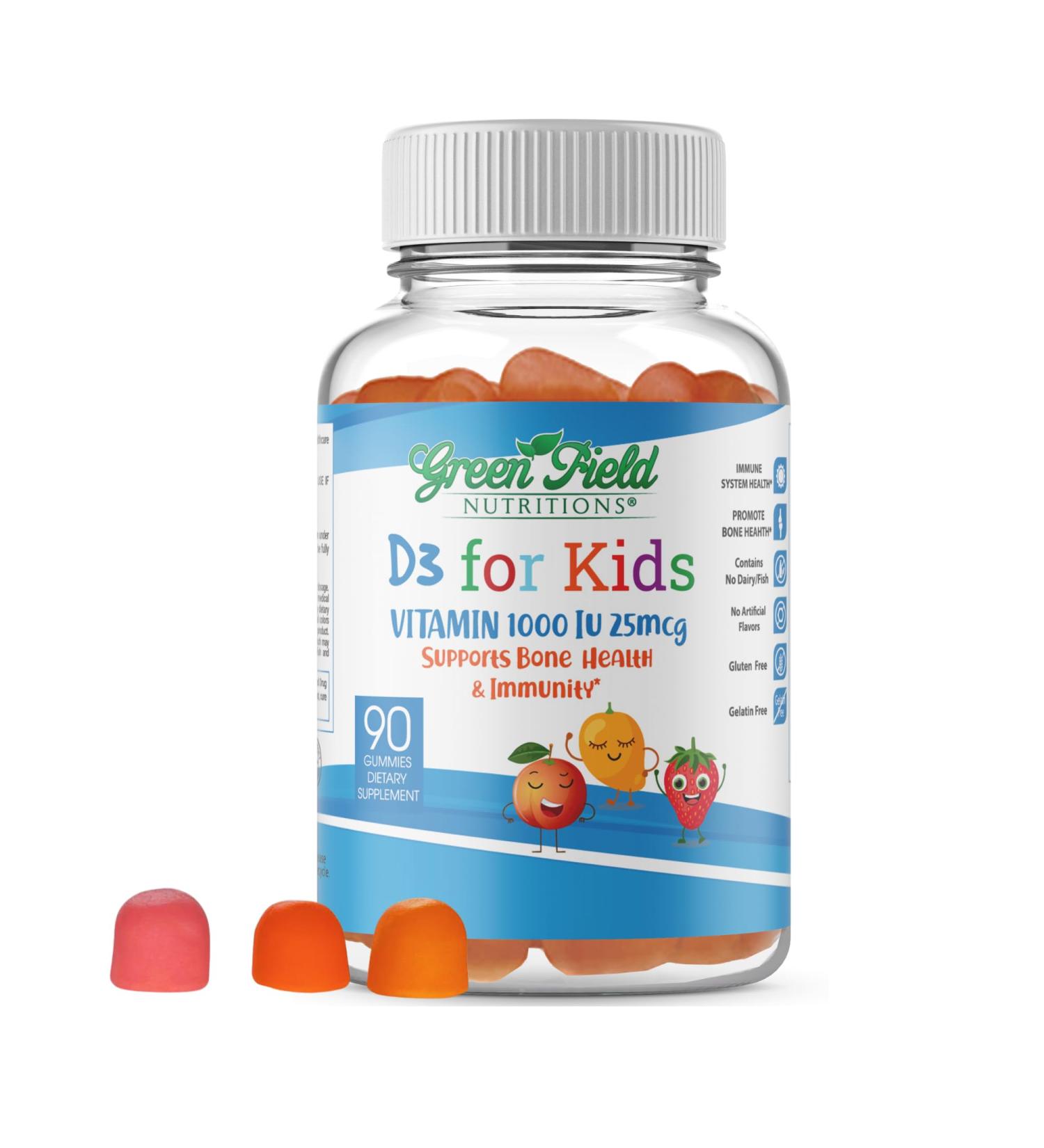 Greenfield Nutritions Halal Vitamin D3 for Kids 1000 IU 90 Gummies | Chewable Kids Vitamin D Supplement Supports Bone and Immune System | Non-GMO Gelatin-Free Gluten-Free - Buy Online on GoSupps.com