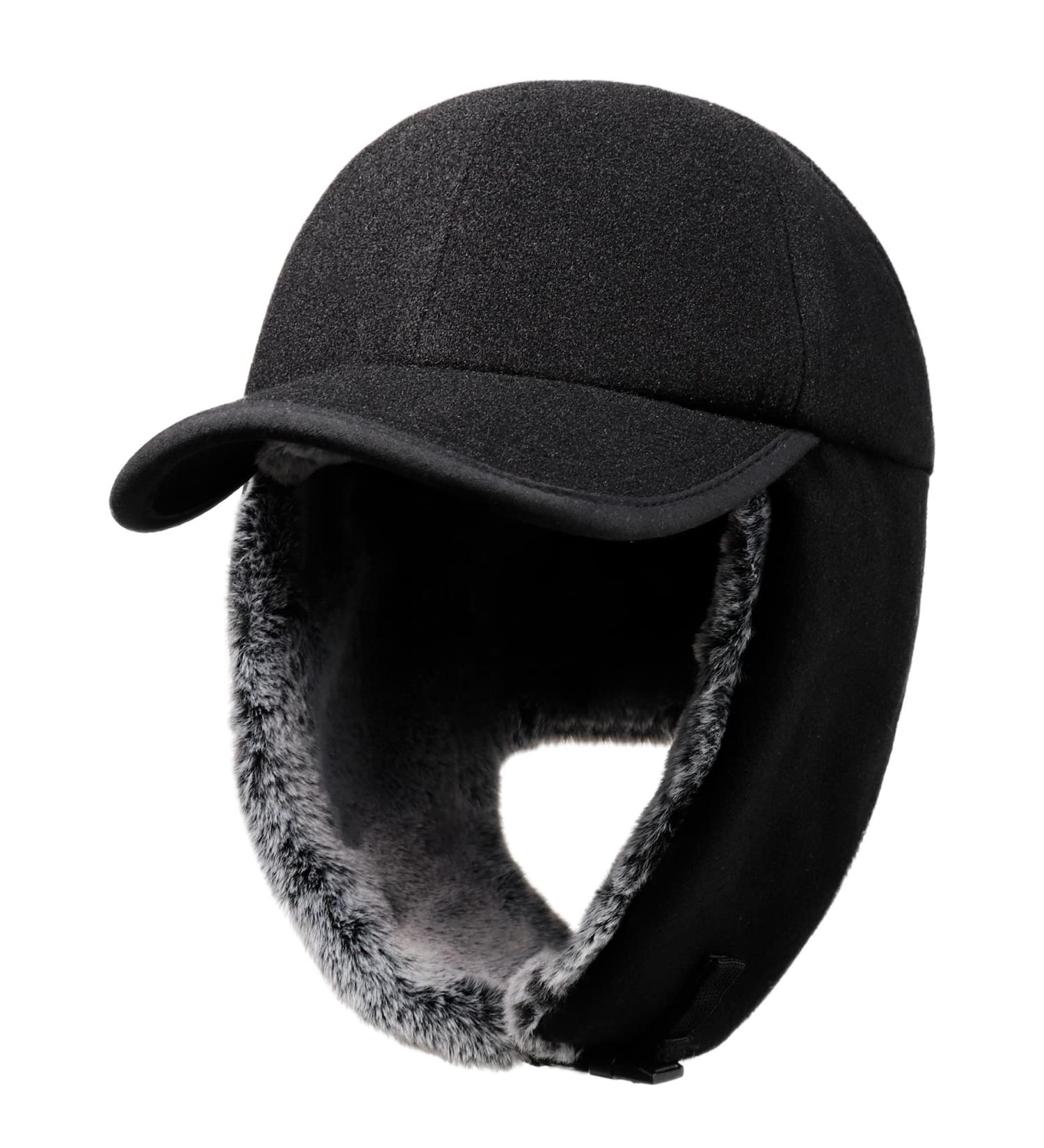 Gisdanchz Winter Baseball Cap with Long Ear Flaps | Woolen Blend | Faux Fur Lined | Black M-L - Buy Online on GoSupps.com
