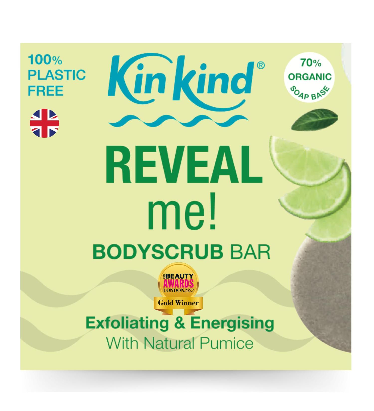 KinKind REVEAL me! Body Scrub Bar. Exfoliate to reveal fresh new skin. Natural exfoliators. No plastic No mess in the shower. Vegan & Cruelty free. UK made. Lime BodyScrub Bar - Buy Online on GoSupps.com