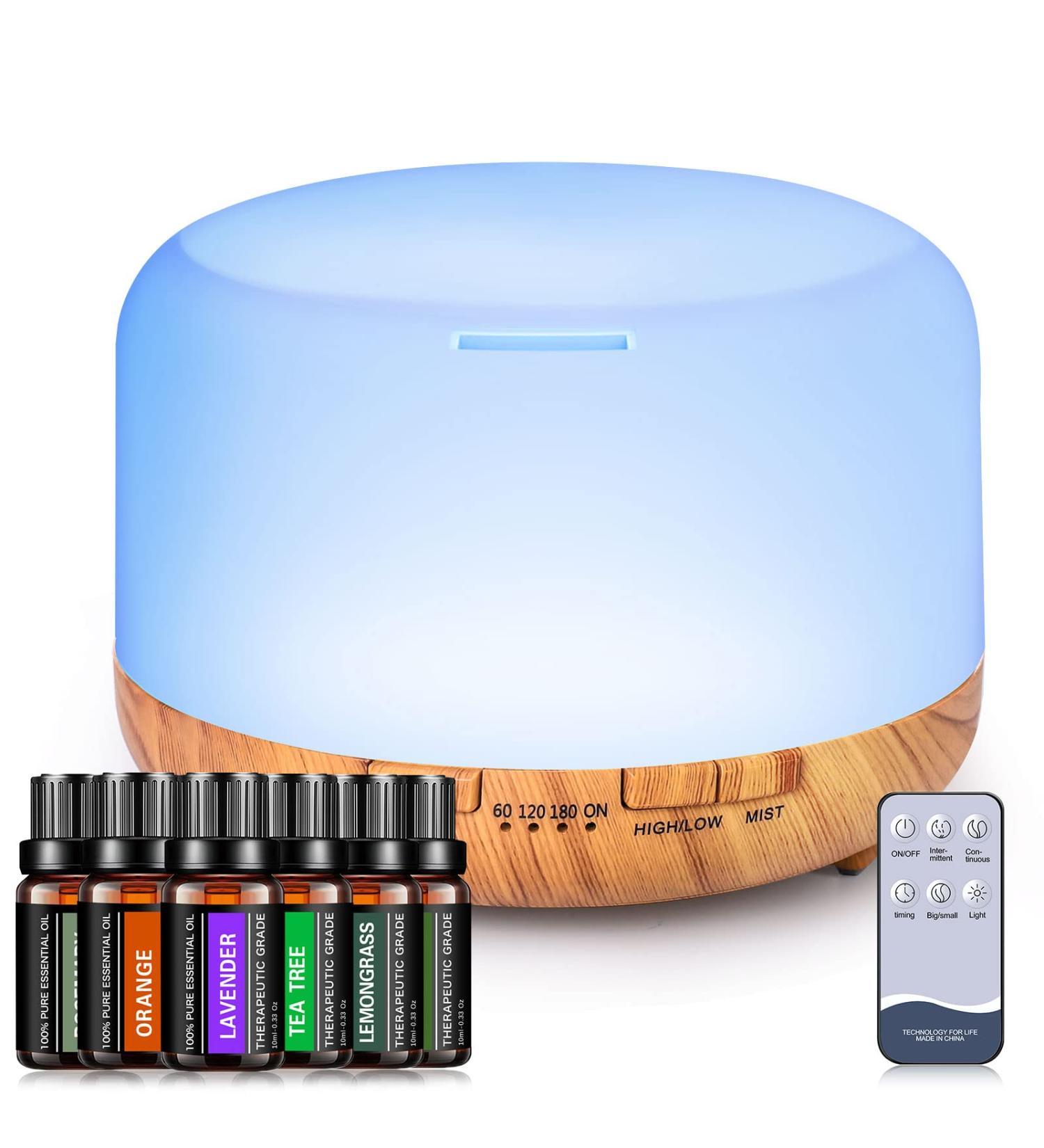 YIKUBEE 500ml Essential Oil Diffuser with 6x10mL Oils - Aromatherapy & Humidifier for Large Room | Wood Grain Design - Buy Online on GoSupps.com