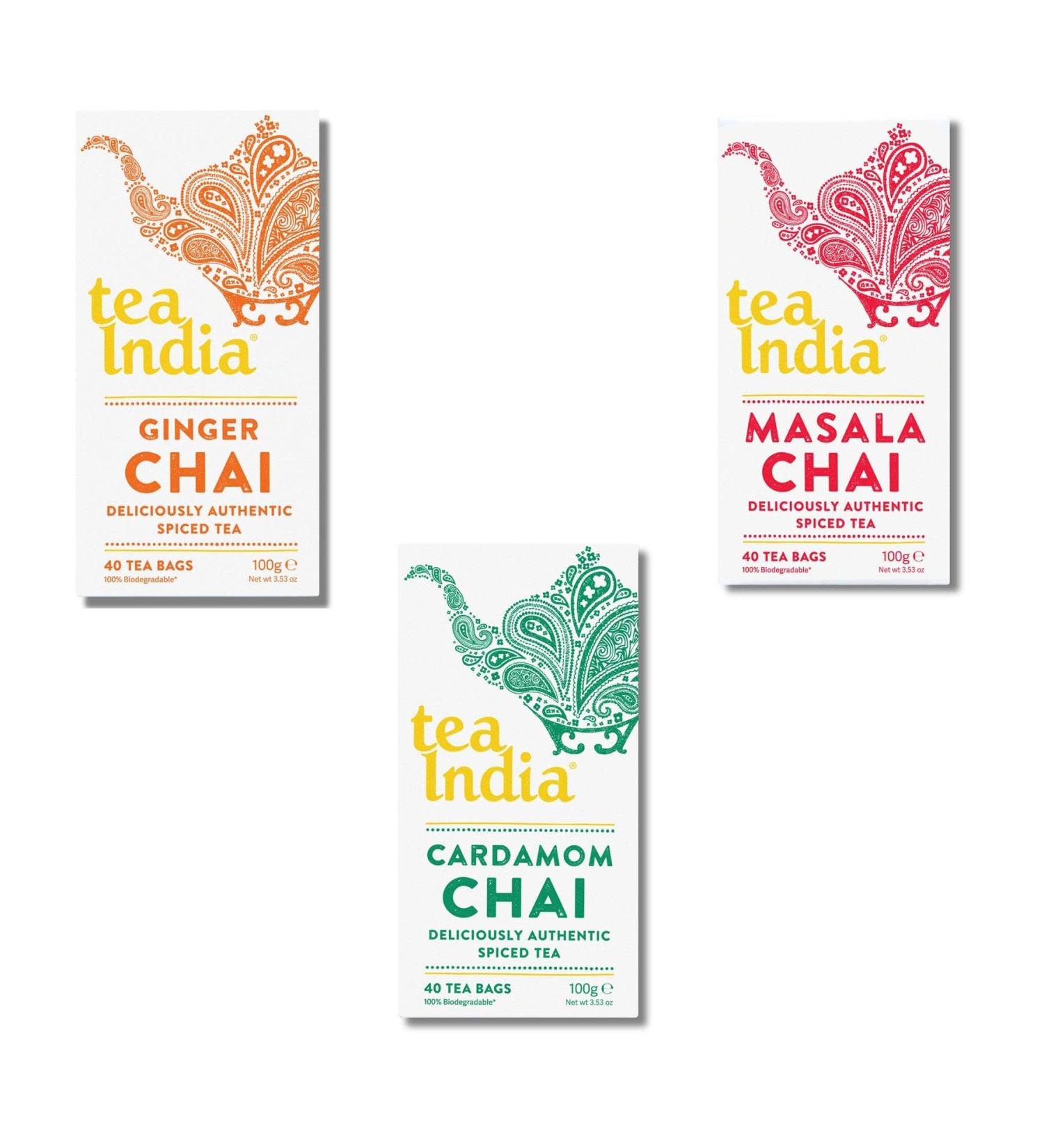 Tea India Chai Pick N Mix - Choose From 3 Flavours | Ginger-Chai Masala-Chai and Cardamom-Chai | Authentic Spiced-Tea Pack of 3 (Each 40 Teabags 100g) - Buy Online on GoSupps.com