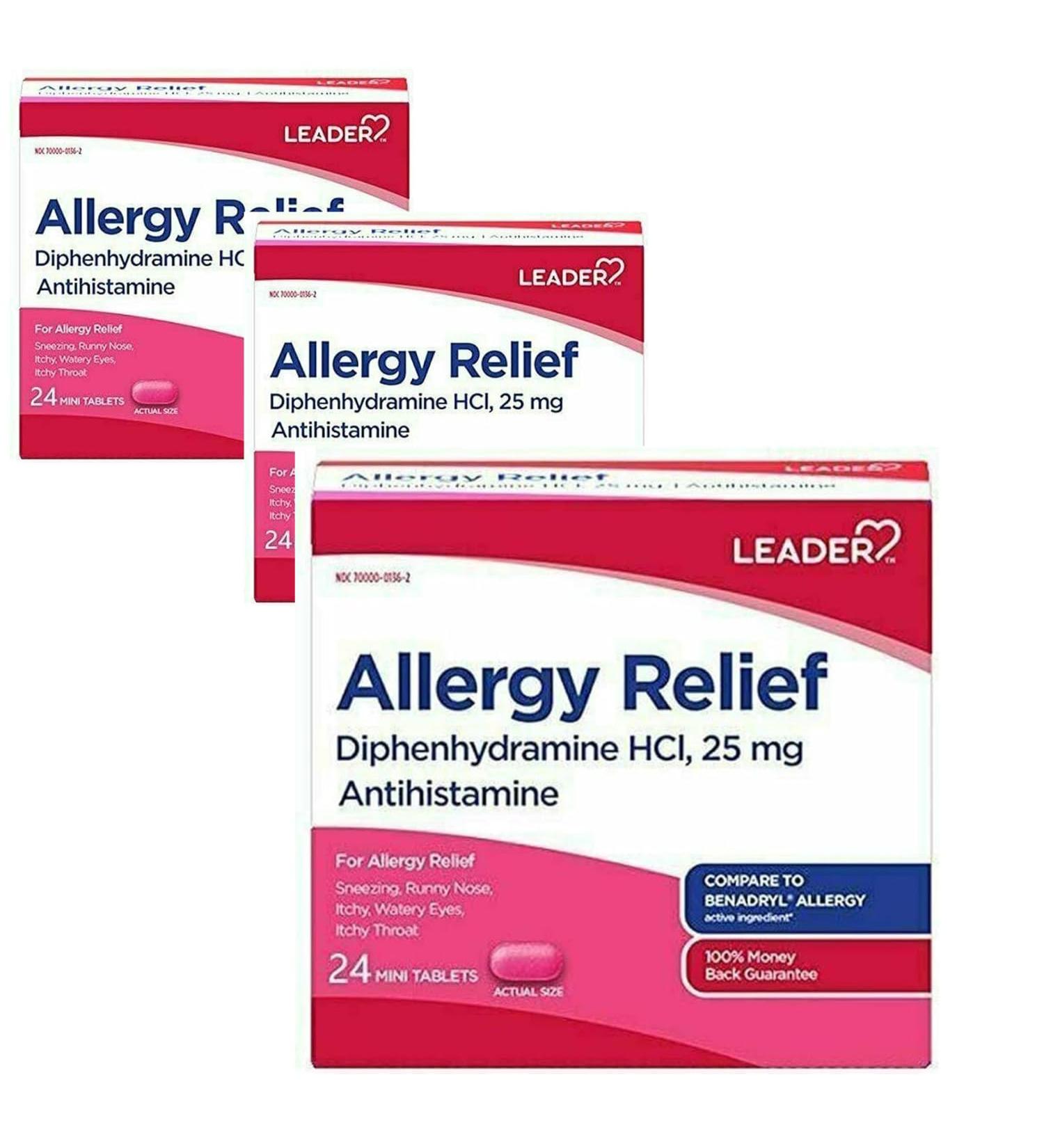 Leader Antihistamine Allergy Relief Diphenhydramine HCl 25mg Mini Tablets 24 Count Pack of 3 - Buy Online on GoSupps.com