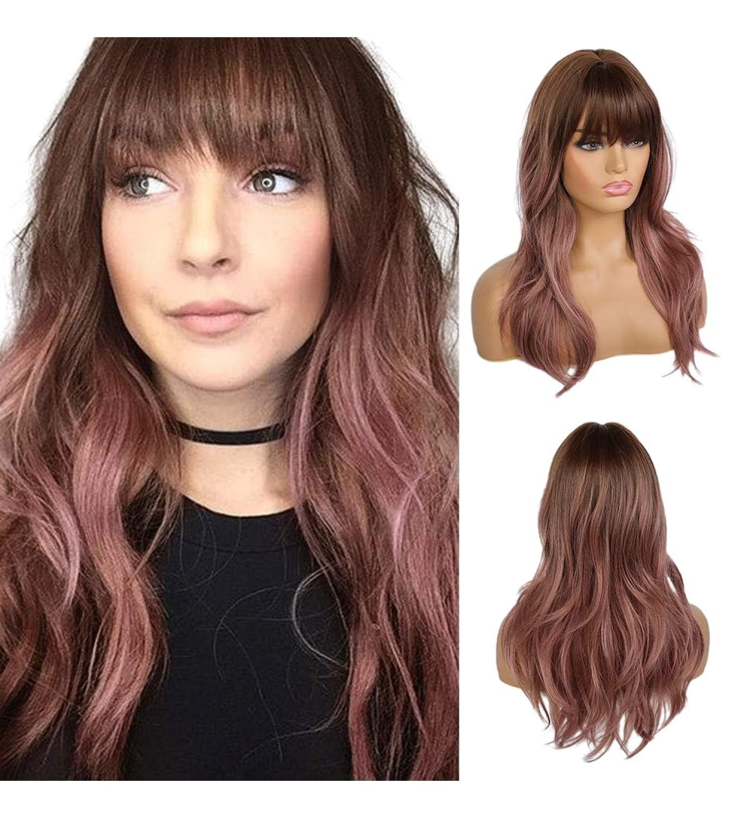Emmor Long Purple Pink Ombre Wig for Women - Natural Curly Hair with Bangs | Perfect for Party Cosplay & Daily Use - Buy Online on GoSupps.com