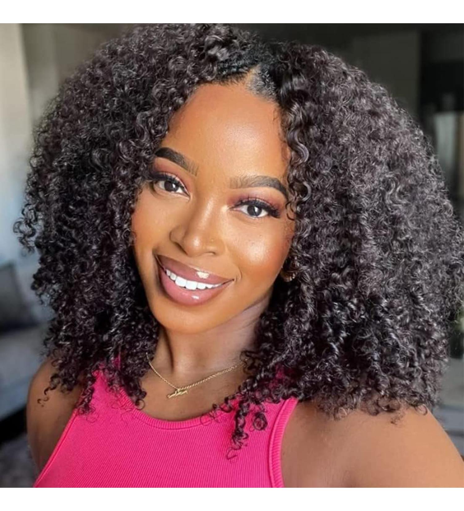 Nadula V Part Wig Kinky Curly Human Hair | Glueless Upgraded U Part Wig | 10A Malaysian Afro Curly V-Part Clip-In Half Wig 16 150% Density - Buy Online on GoSupps.com