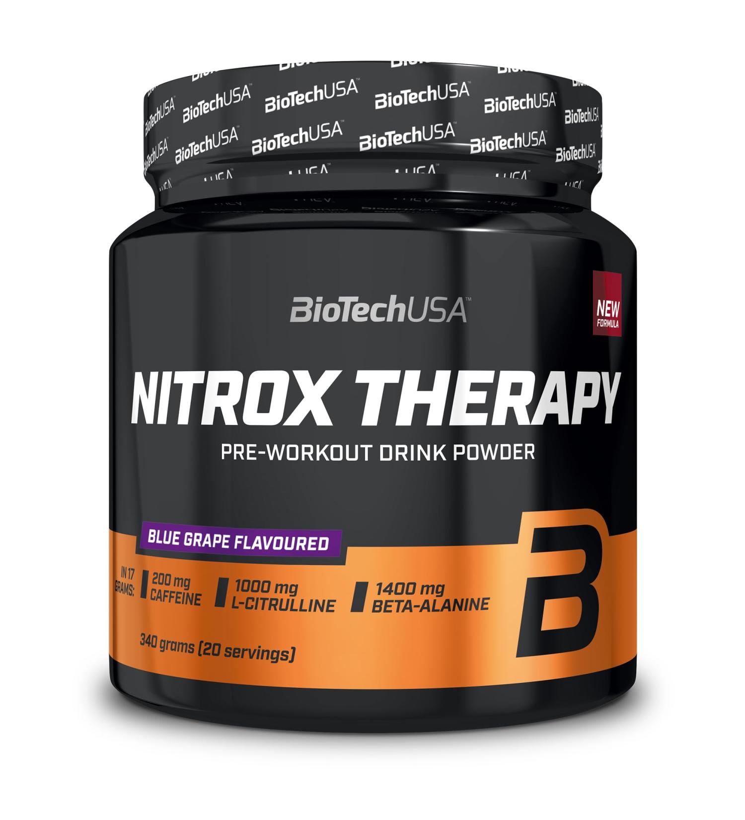 BioTechUSA Nitrox Therapy With vitamin B6 magnesium and caffeine 16 active ingredients Glutenfree lactosefree 340 g Blue grape Blue grape 340 g - Buy Online on GoSupps.com