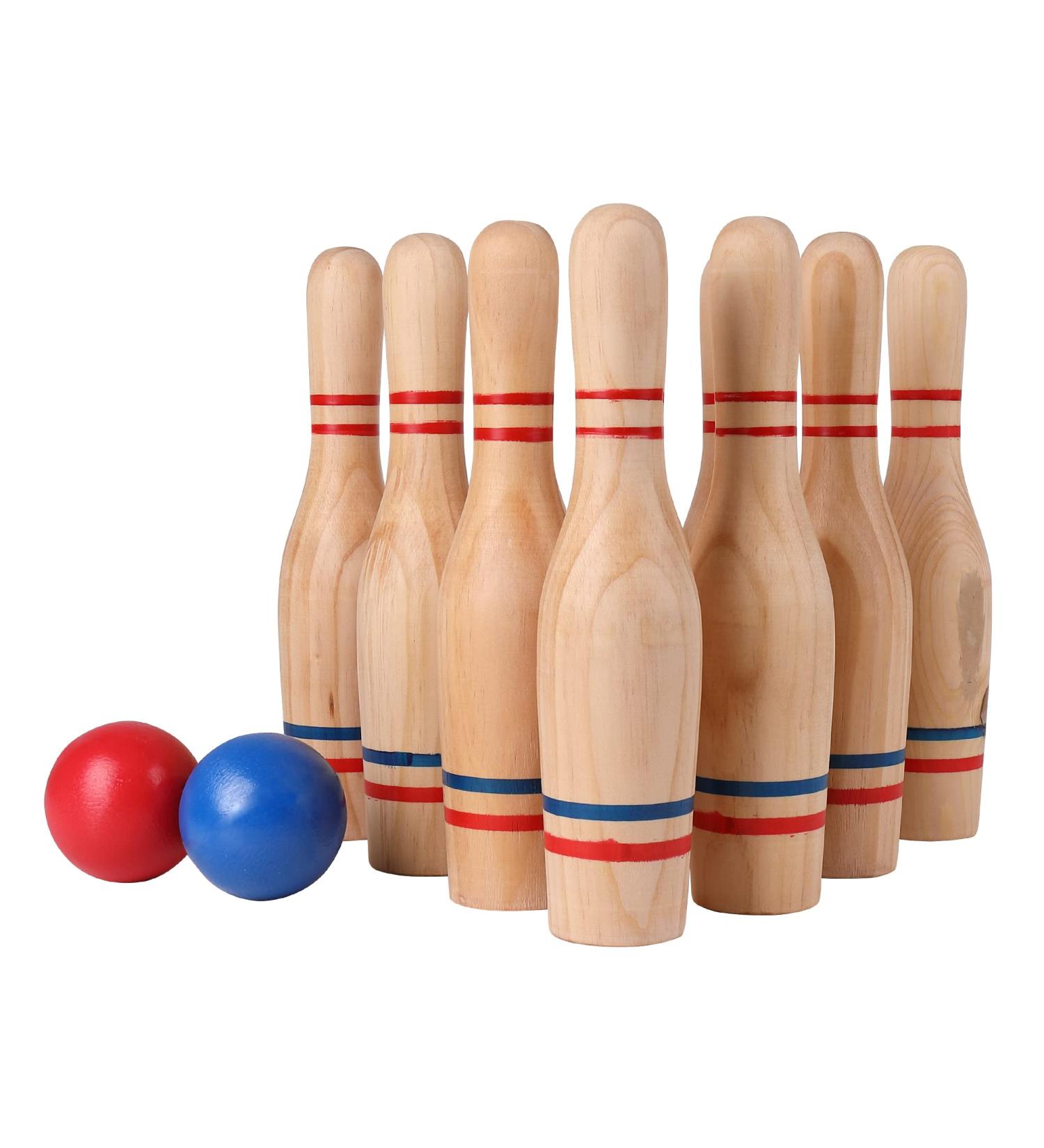 Sterling Sports Premium Wooden Lawn Bowling Skittles Set - 11 Pins with Carrying Mesh Bag - Indoor and Outdoor Game - 10 Heavy Solid Wooden Pins and 2 Balls - Buy Online on GoSupps.com