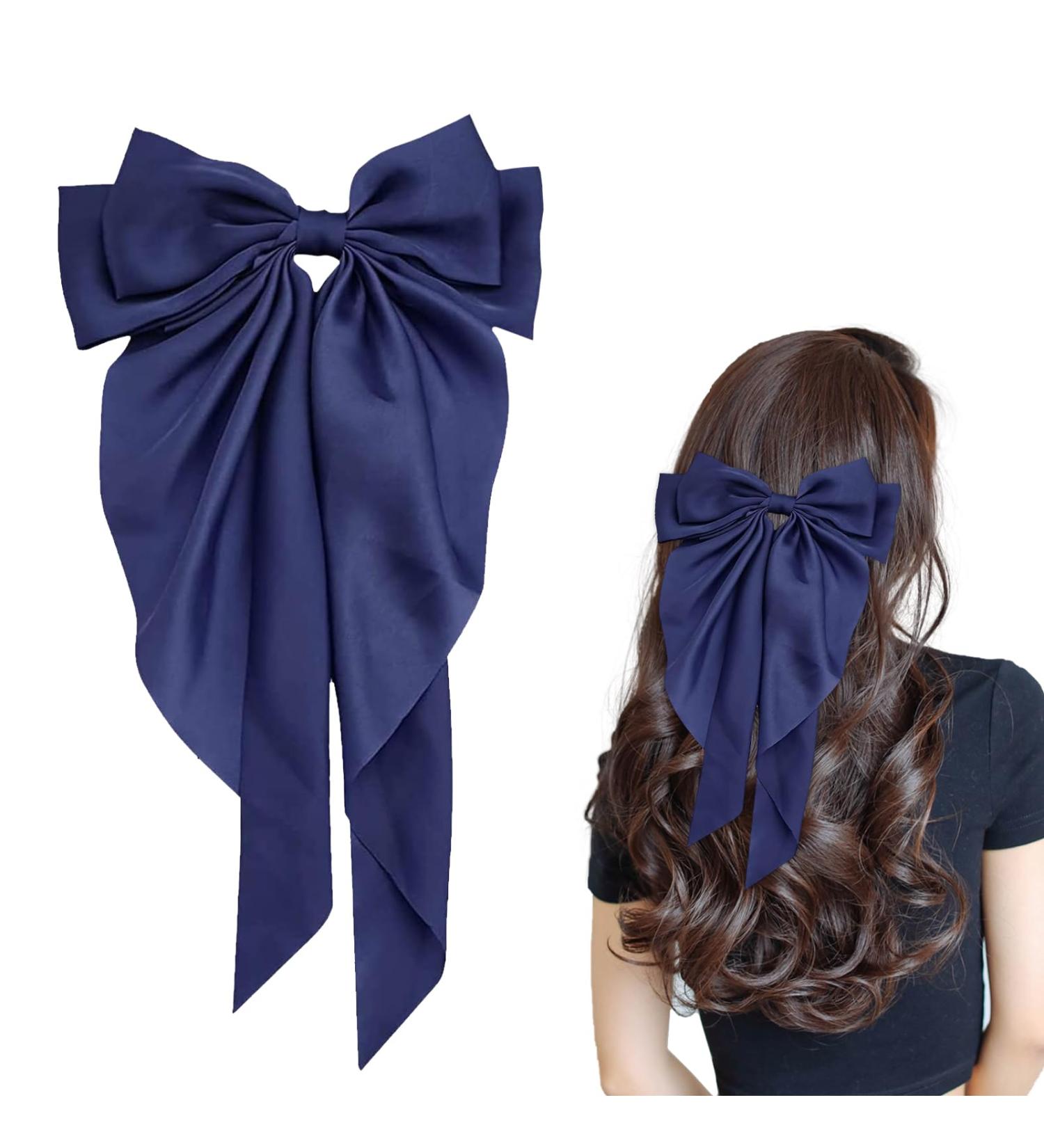 Navy Blue Bow Clips for Women Satin Hair Bow for French Long Tail Elegant and Cute Big Bows for Hair About Solid Soft Hair Accessories Birthday Wedding Party Gifts - Buy Online on GoSupps.com