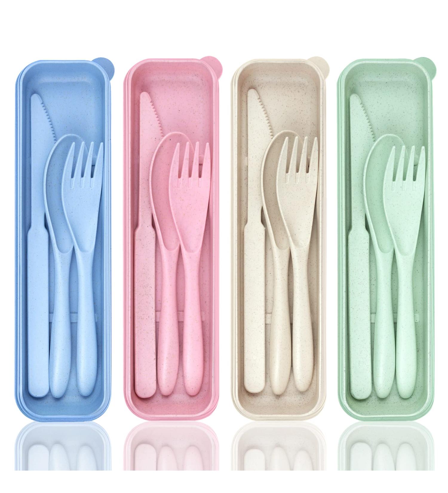 Reusable Travel Utensils Set with Case - 4 Pack Portable Cutlery Kit for Camping and Lunch Box - Includes Knives, Forks, Spoons - Outdoor Flatware Set - Buy Online on GoSupps.com