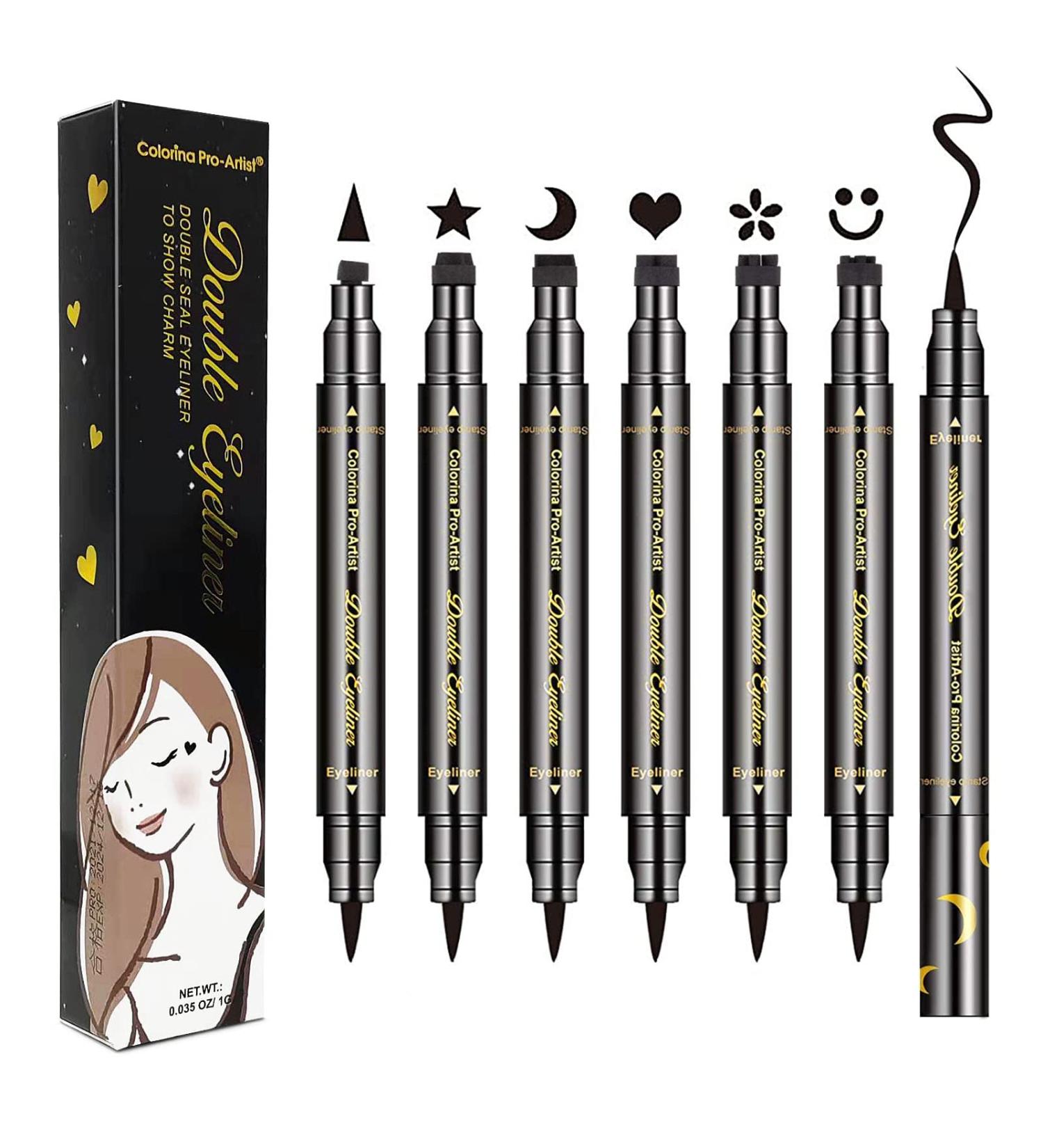 LOKFAR Double-headed Liquid Eyeliner Stamp Pen Set - 6 Pcs Waterproof Eyeliner Pencil for Women - Long-Lasting Eye-liner Stencils - Triangle Star Moon Heart Flower Smiley - Buy Online on GoSupps.com