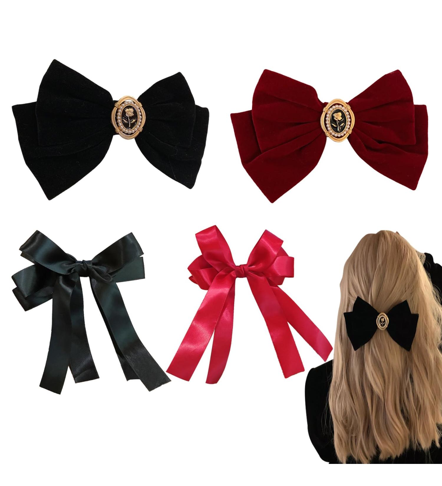 KASESSS 2 Velvet Hair Bow 2 Silky Satin Hair Bow Hair Bows for Women Girls Red Black Bow Hair Clip Vintage Bows for Hair Big Bowknot Hairpin Hair Bow Clip Solid Color French Barrette Hair Clip - Buy Online on GoSupps.com