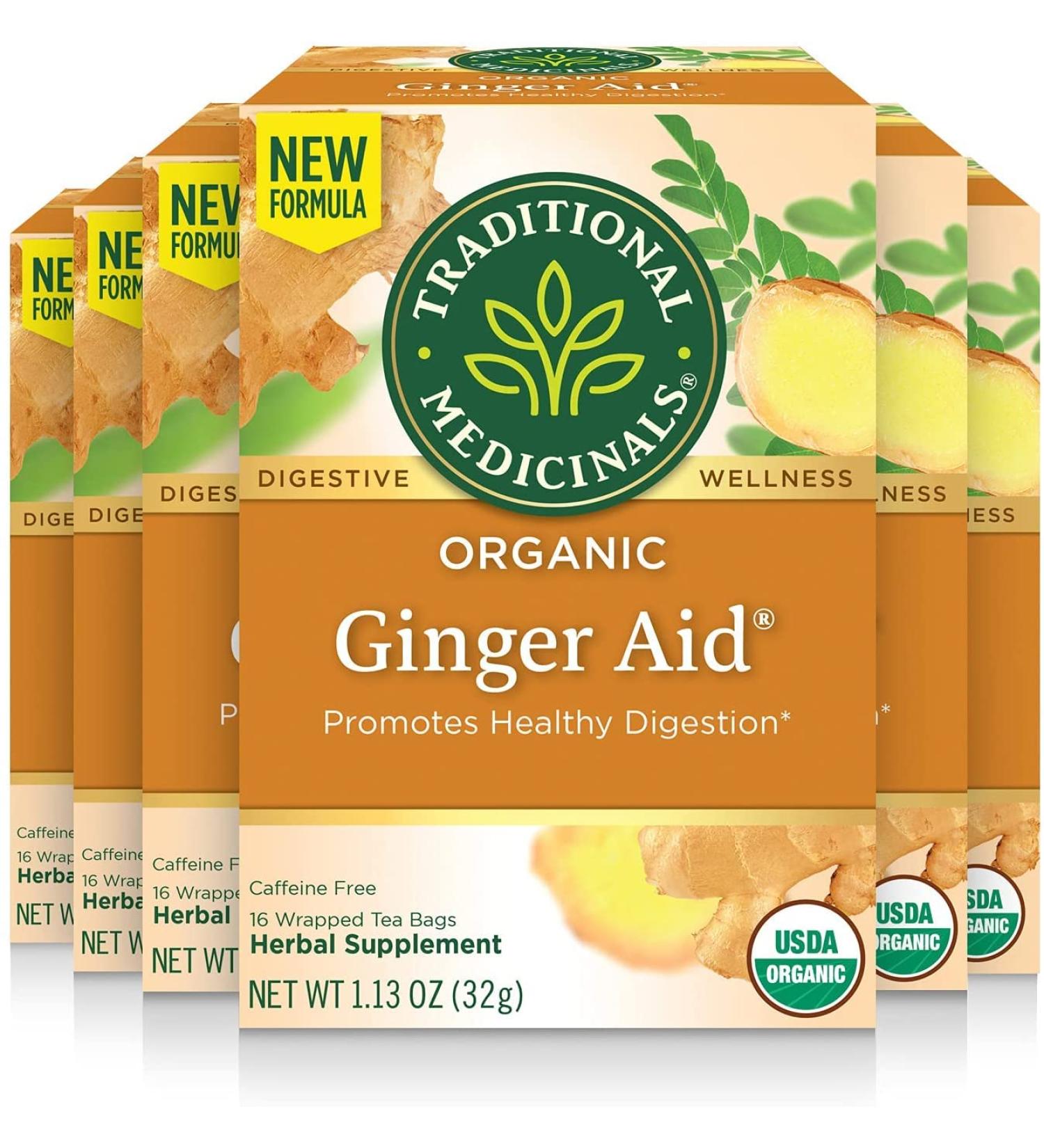 Traditional Medicinals - Organic Ginger Aid Herbal Tea (Pack of 6) - Help Relieve Digestive Upset Indigestion and Nausea - 96 Tea Bags Total Ginger Aid 16 Count (Pack of 6) - Buy Online on GoSupps.com