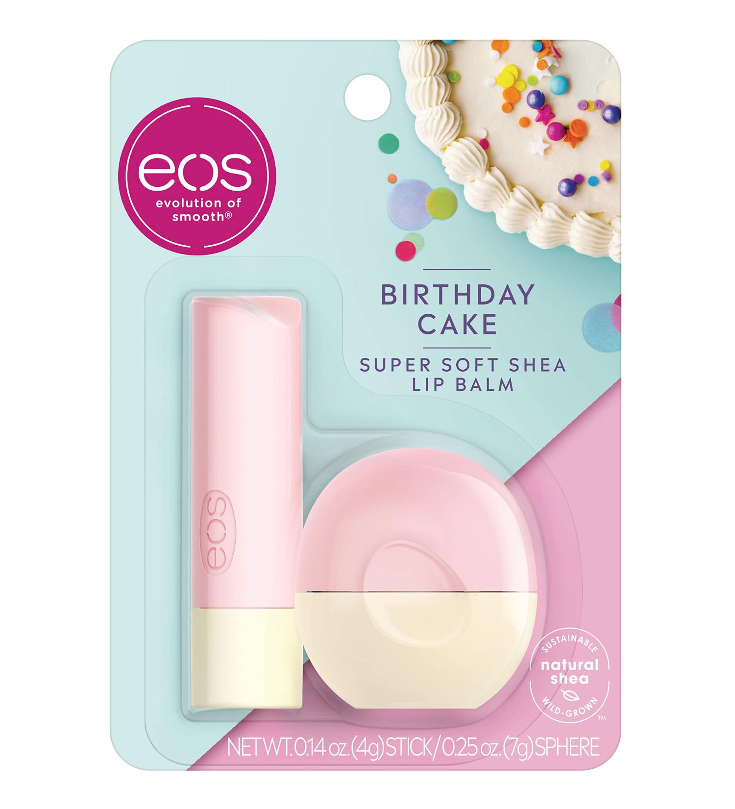 eos Super Soft Shea Lip Balm Birthday Cake Set - Long-Lasting Hydration for Dry Lips - Gluten Free - 0.25 oz Sphere + 0.14 oz Stick - Buy Online on GoSupps.com