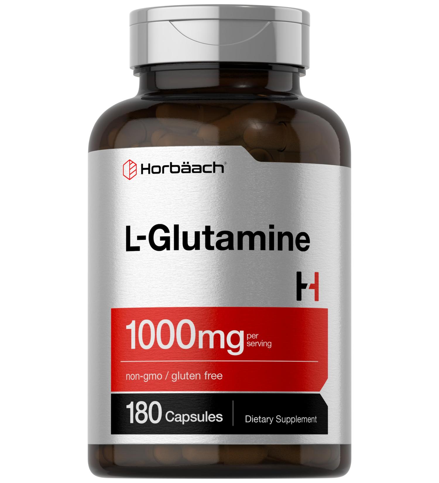 Horbaach L Glutamine Capsules 1000mg | 180 Powder Pills | Supplement for Women and Men | Pre Workout & Post Workout | Non-GMO & Gluten Free - Buy Online on GoSupps.com