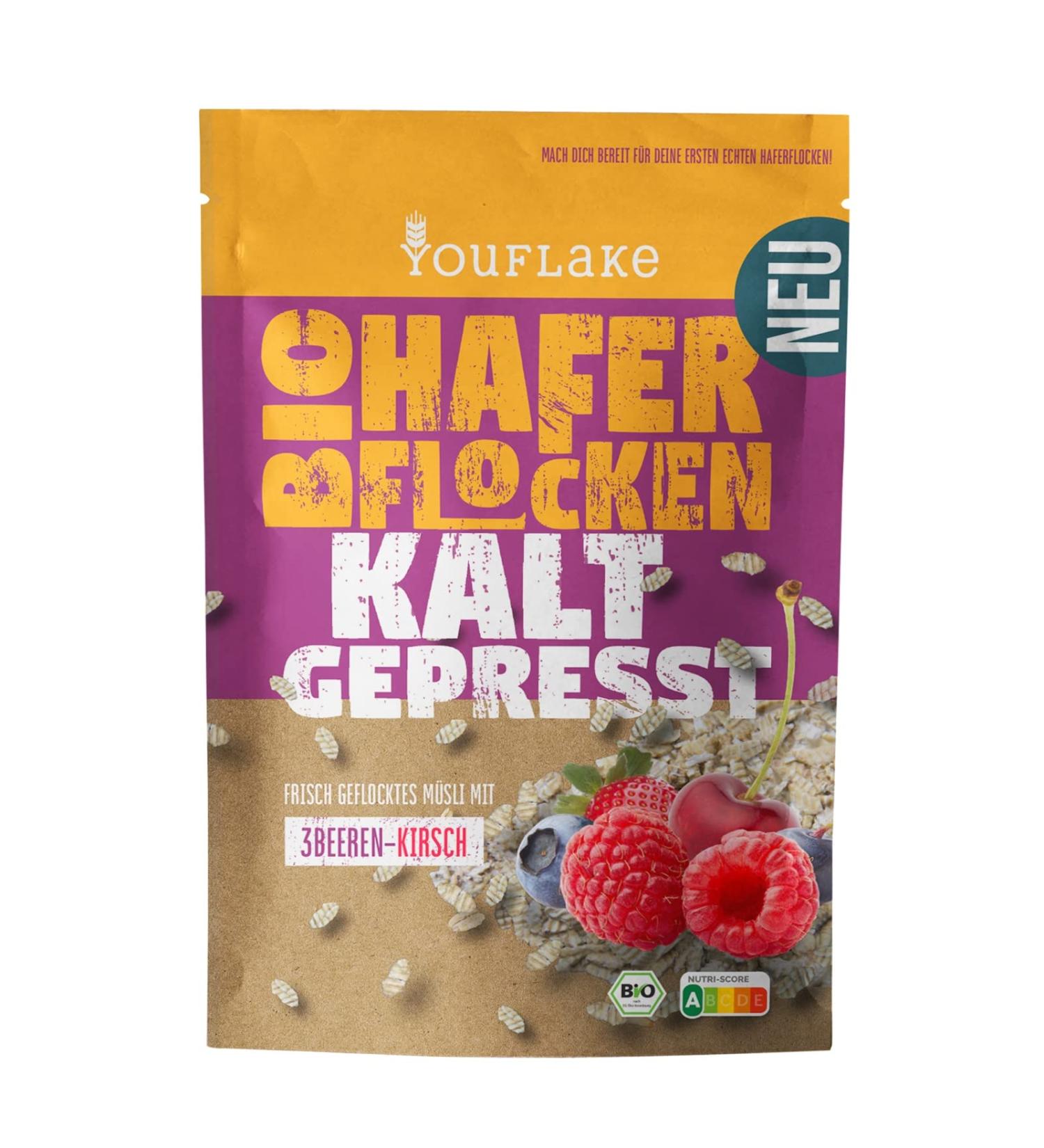 YouFlake YouFlake Organic Cold-Pressed Oat Flakes - Cherry 320g - Cereal mix with oat flakes fruit and berries - Mild and freshly pressed
