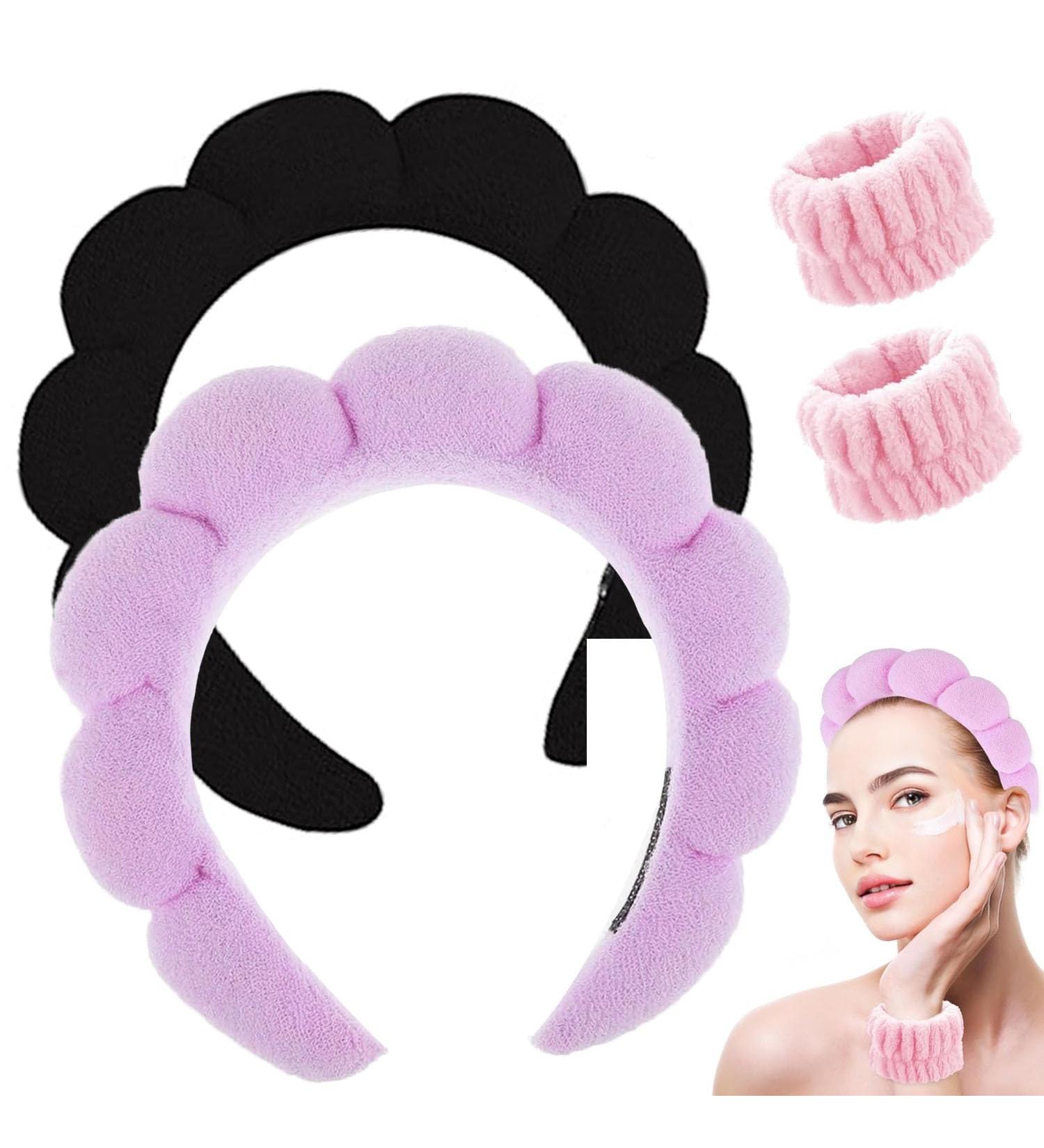 Spa Terry Cloth Headband Set for Women - Black+Purple | Soft Bubble Skincare Headbands with Face Wash Wristbands | Perfect Makeup and Face Washing Accessory | Great Gift Idea - Buy Online on GoSupps.com