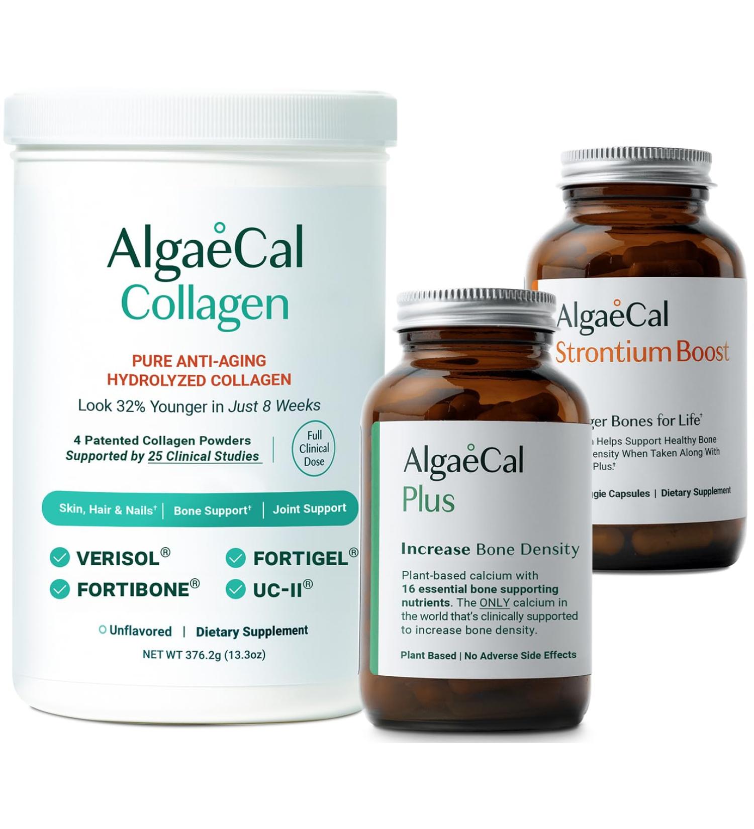 ALGAECAL Bone Builder & Collagen Bundle Clinically-Supported Collagen with Verisol Fortibone Fortigel + Plant-Based Calcium Strontium D3 K2 Magnesium & 16 Nutrients for Beauty & Bone Health - Buy Online on GoSupps.com