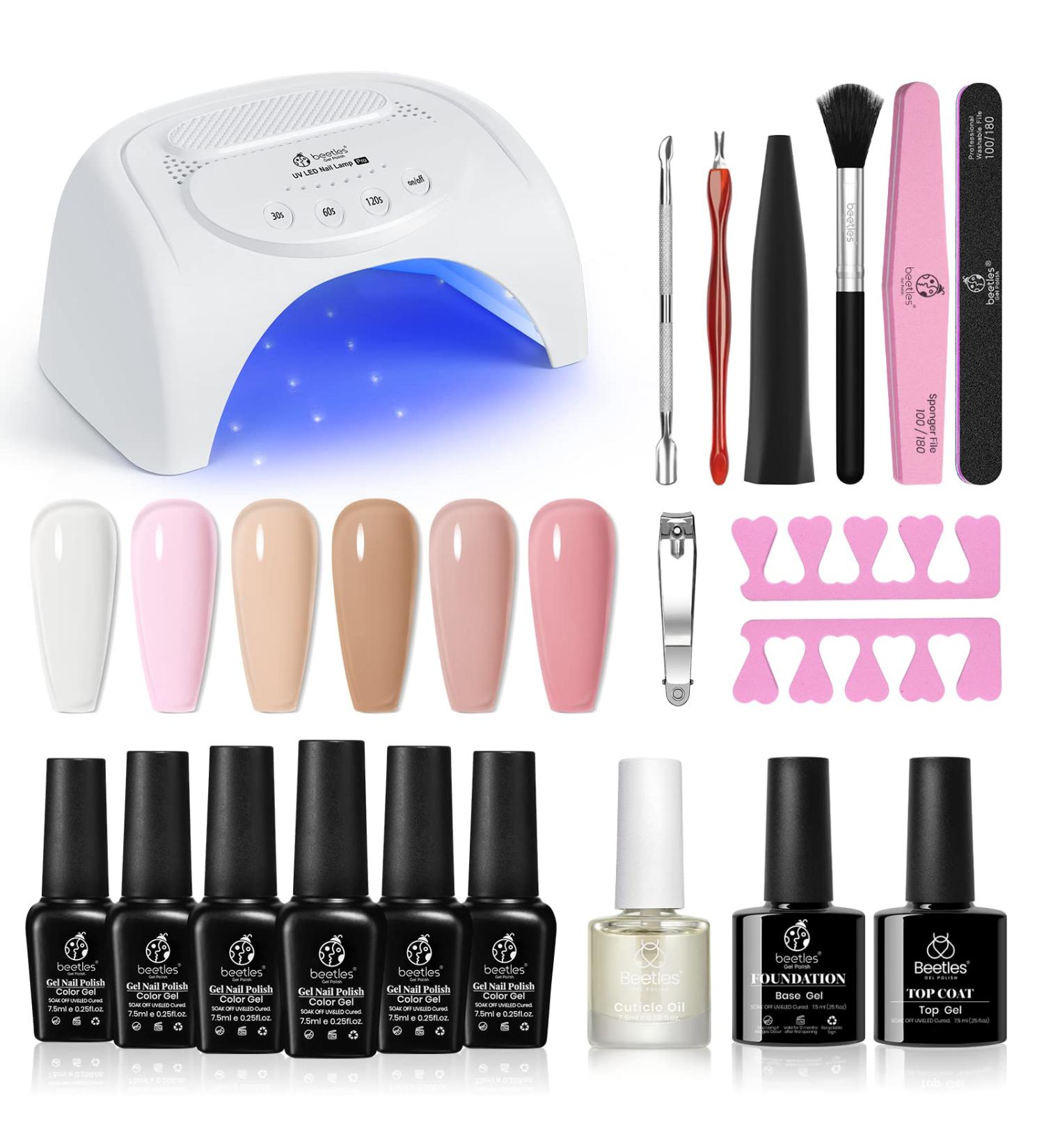 Beetles Gel Nail Polish Kit with UV LED Light 48W - 6 Colors Jelly Milky White Sheer Pink Nude Set - Salon Quality Manicure at Home - Soak Off UV Gel Nail Polish Gift for Women - Buy Online on GoSupps.com
