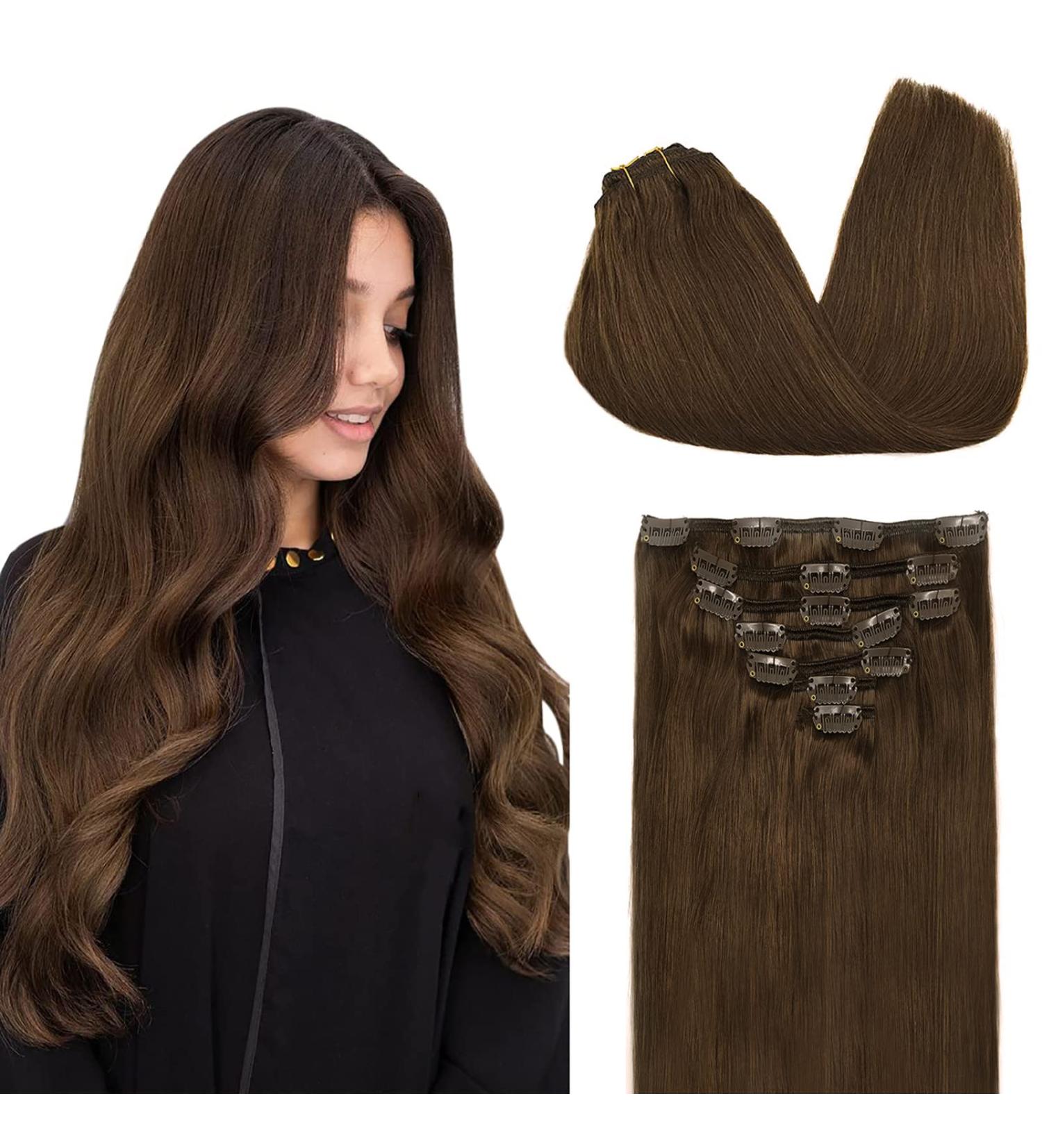 Doores Clip-In Extensions | 20 Inch Chocolate Brown Real Hair - 7 Piece 120g Remy Human Hair Extensions for Thick Natural Look - Buy Online on GoSupps.com