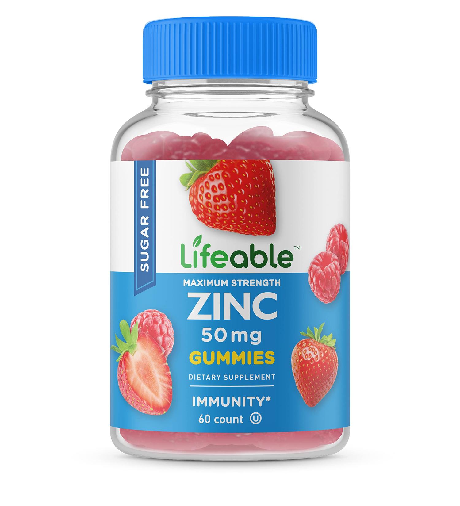 Lifeable Sugar Free Zinc Gummies 50mg - Gluten Free Vegetarian Chewable Supplement for Healthy Skin and Immune Support - 60 Gummies - Buy Online on GoSupps.com