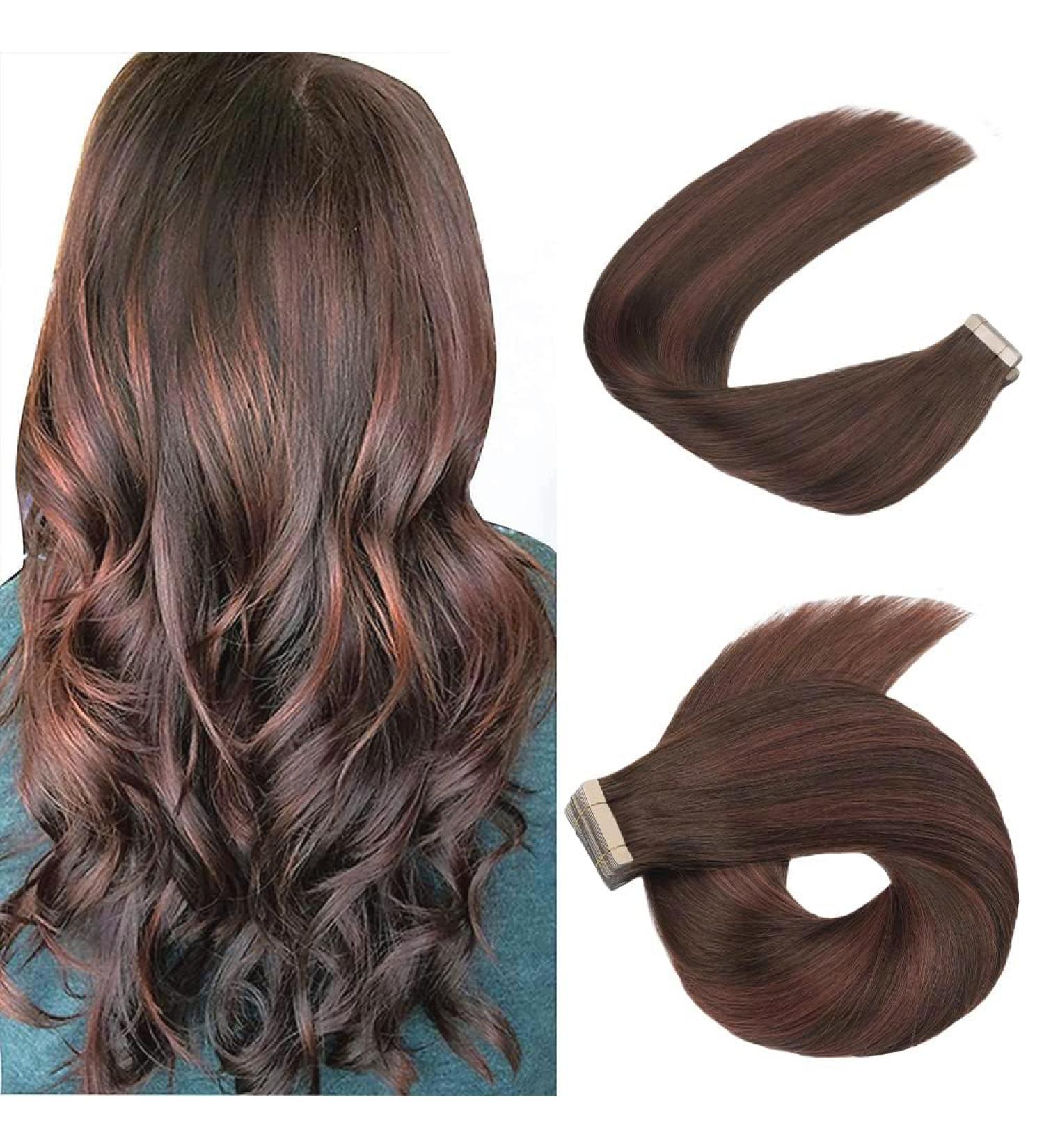 Hotlulana Real Hair Tape Extensions - 22 Inch Balayage Chocolate Brown with Dark Red Brown (#4/4/33) - 20PCs 100% Natural Invisible Skin Weft - Buy Online on GoSupps.com