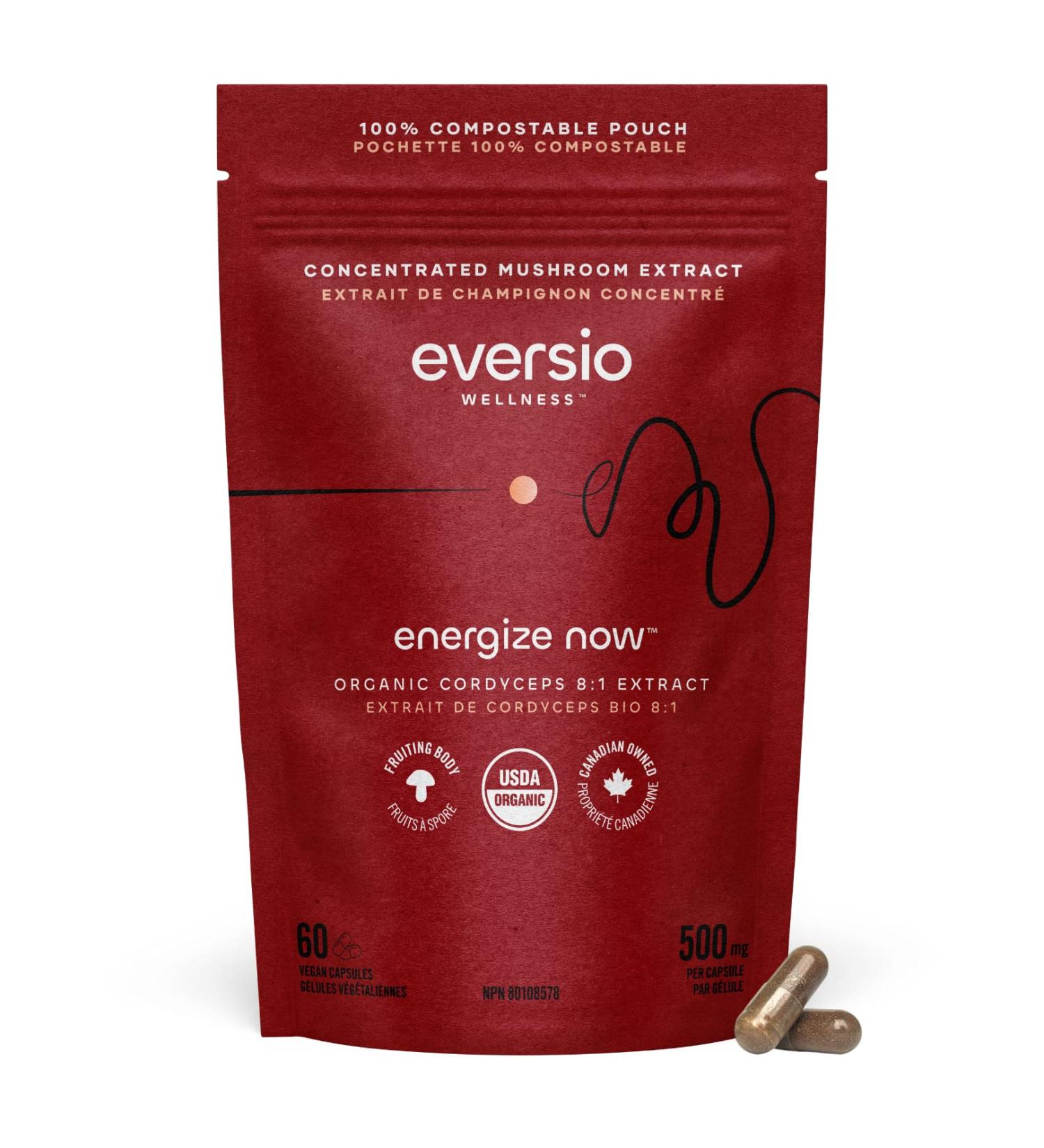 ENERGIZE NOW by EVERSIO WELLNESS - Organic Cordyceps Mushroom Supplement - 8:1 Cordyceps Militaris Extract in 60 Vegan Capsules (500mg) - Cordyceps Mushroom Capsules Made with Organic Extract from Real Mushrooms and NO GRAIN - 32% Verified Beta-D-Glucans! - Buy Online on GoSupps.com