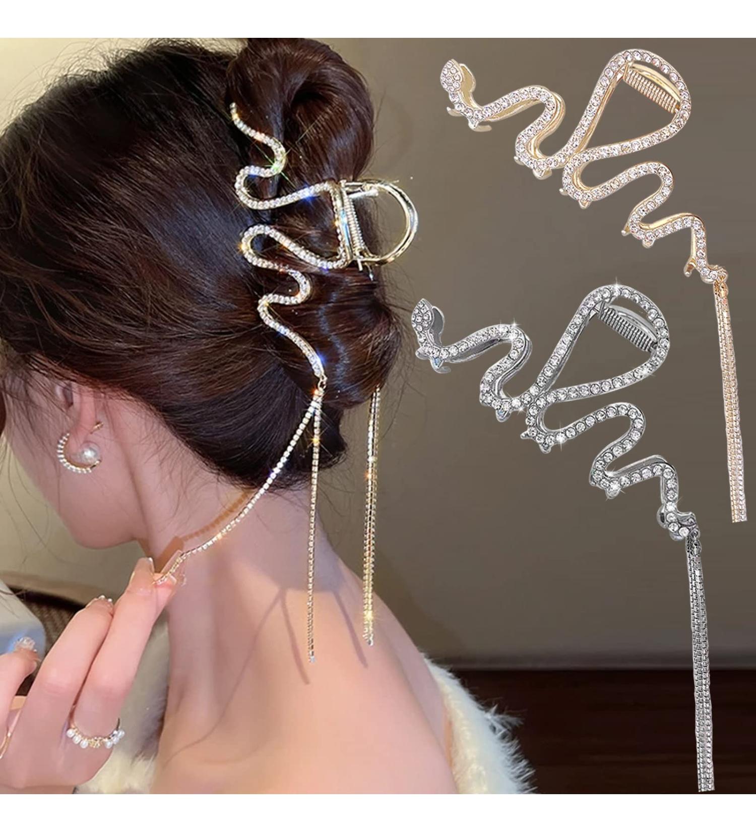 Glitter Tassel Metal Hair Claw Clips - Set of 2 Large Snake Rhinestone Hair Jaw Clips for Women and Girls - Buy Online on GoSupps.com