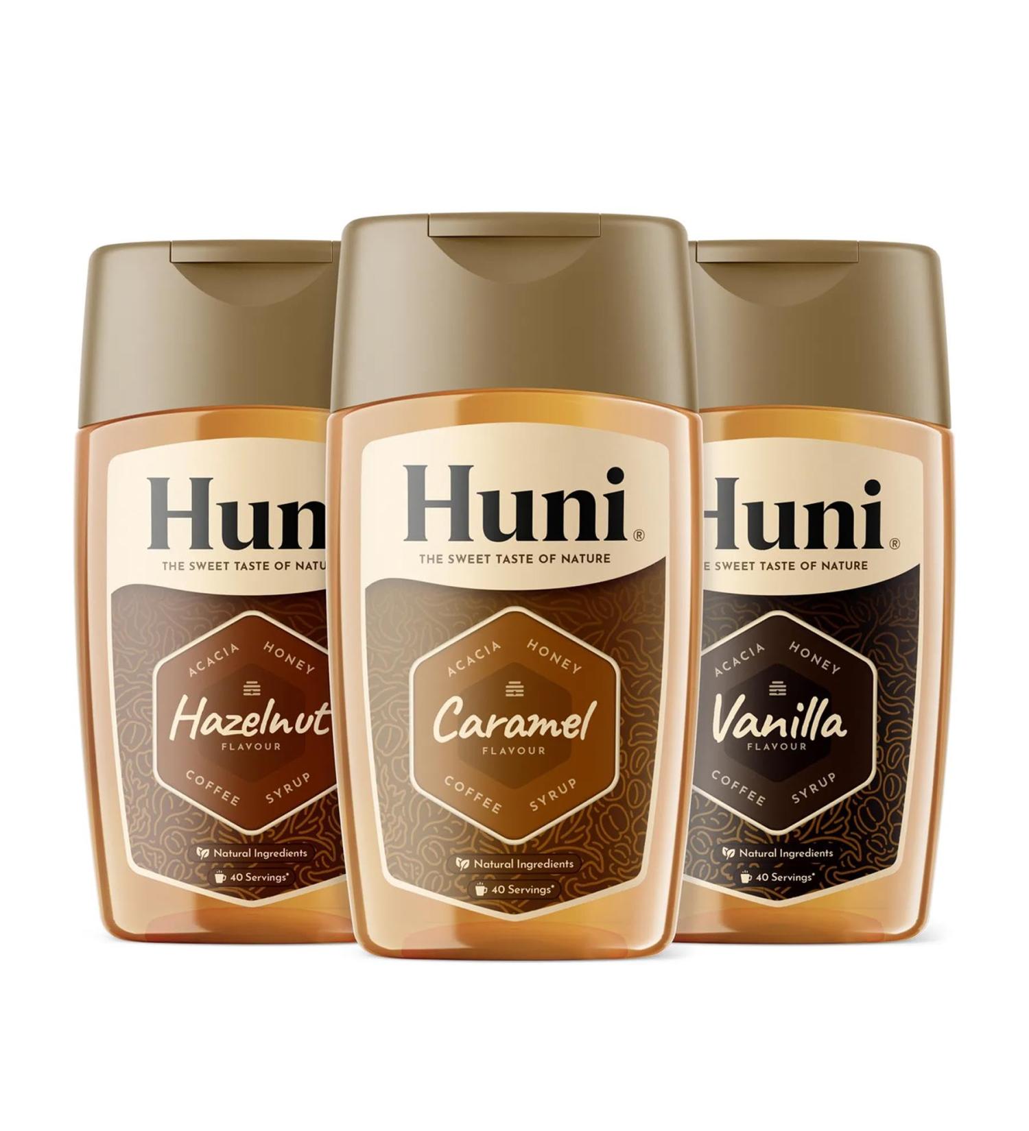 Huni Natural Coffee Syrup Pick N Mix - Choose From 3 Flavours | Caramel Hazelnut Vanilla Flavouring-Syrup - Pack of 2 x 200ml Acacia-Honey Based-Natural Coffee-Syrup - Buy Online on GoSupps.com