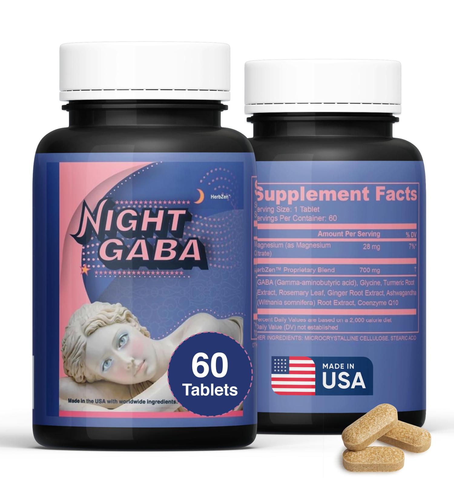 Herb Guru Night GABA Supplement with Turmeric Ashwagandha & Magnesium | Supports Calm & Relaxation | Nighttime Wellness Formula | 60 Tablets