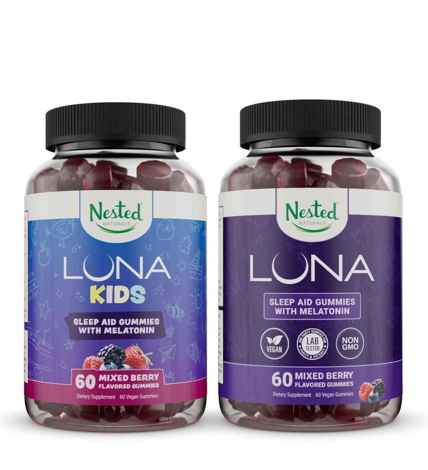 Nested Naturals Luna Kids Sleep Gummies - Melatonin with Valerian Root - Mixed Berry 60 Count & Luna Sleep Gummies - Melatonin 3mg with L-Theanine - Mixed Berry 60 Count - Buy Online on GoSupps.com