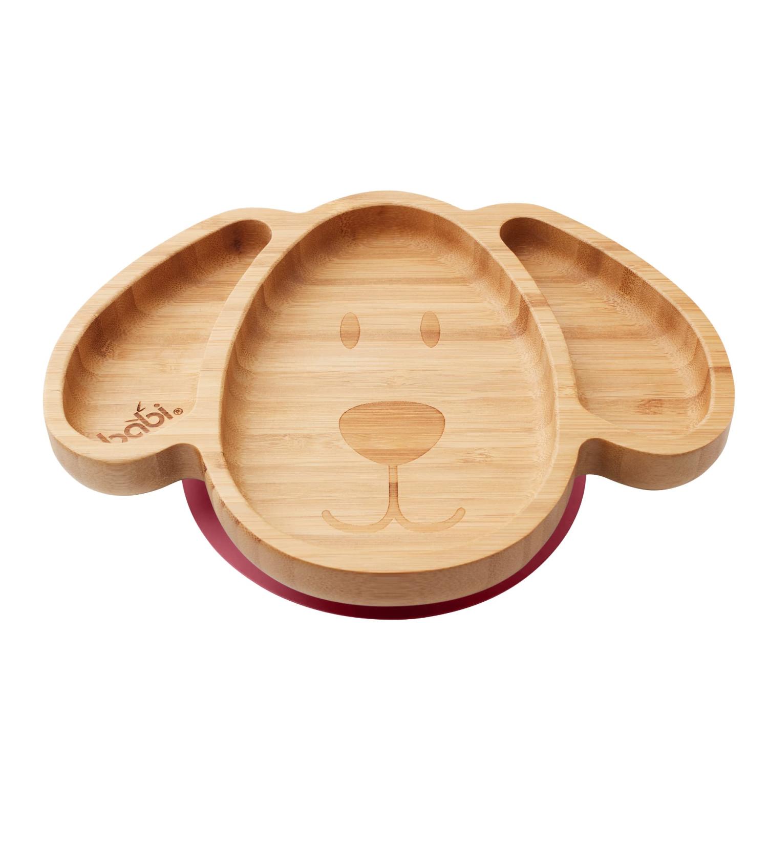 BABI Large Dog Plate for Baby and Toddler - Natural Bamboo with Silicone Suction Ring (Cherry Red) - Buy Online on GoSupps.com