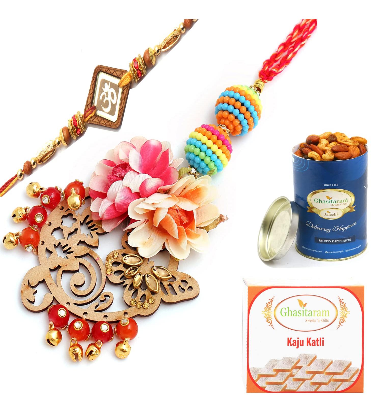 Ghasitaram Gifts Rakhis Online - Rakhi for Brother- The Charasmatic rm079Bhaiya Bhabhi Rakhi with 100 GMS of Dryfruits Mix Can 200 GMS of Kaju katli Rakhi Set & 100g Dryfruits Mix Can 200g Kaju katli - Buy Online on GoSupps.com