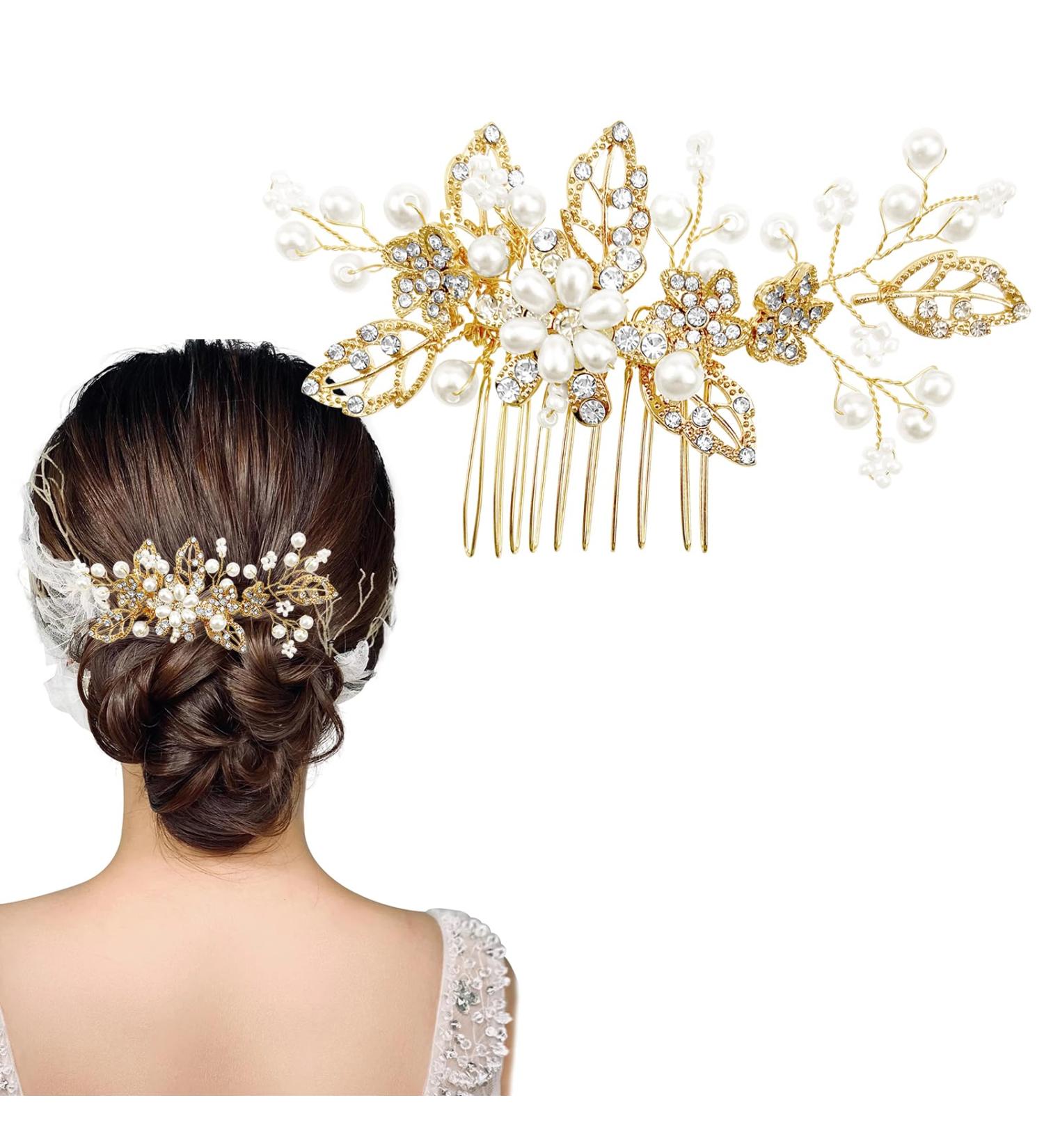 Gold Crystal Bridal Wedding Hair Comb - Sparkly Pearl Rhinestone Hair Accessory - Buy Online on GoSupps.com